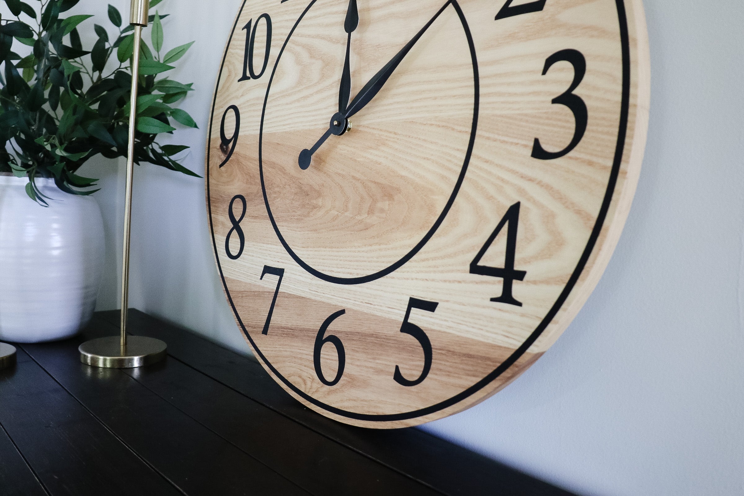 Solid Ash Wood Wall Clock with Black Numbers and Lines