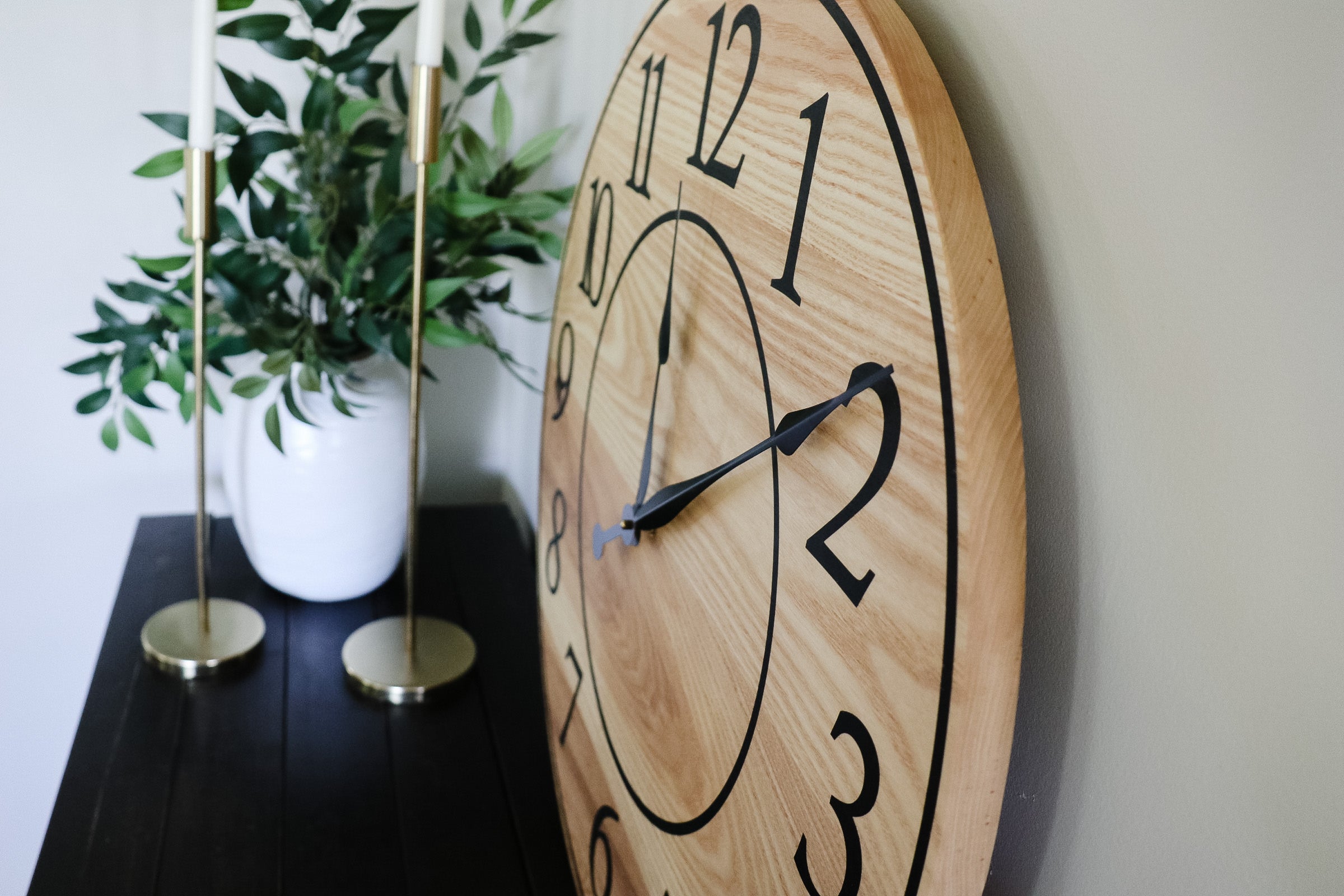 Solid Ash Wood Wall Clock with Black Numbers and Lines