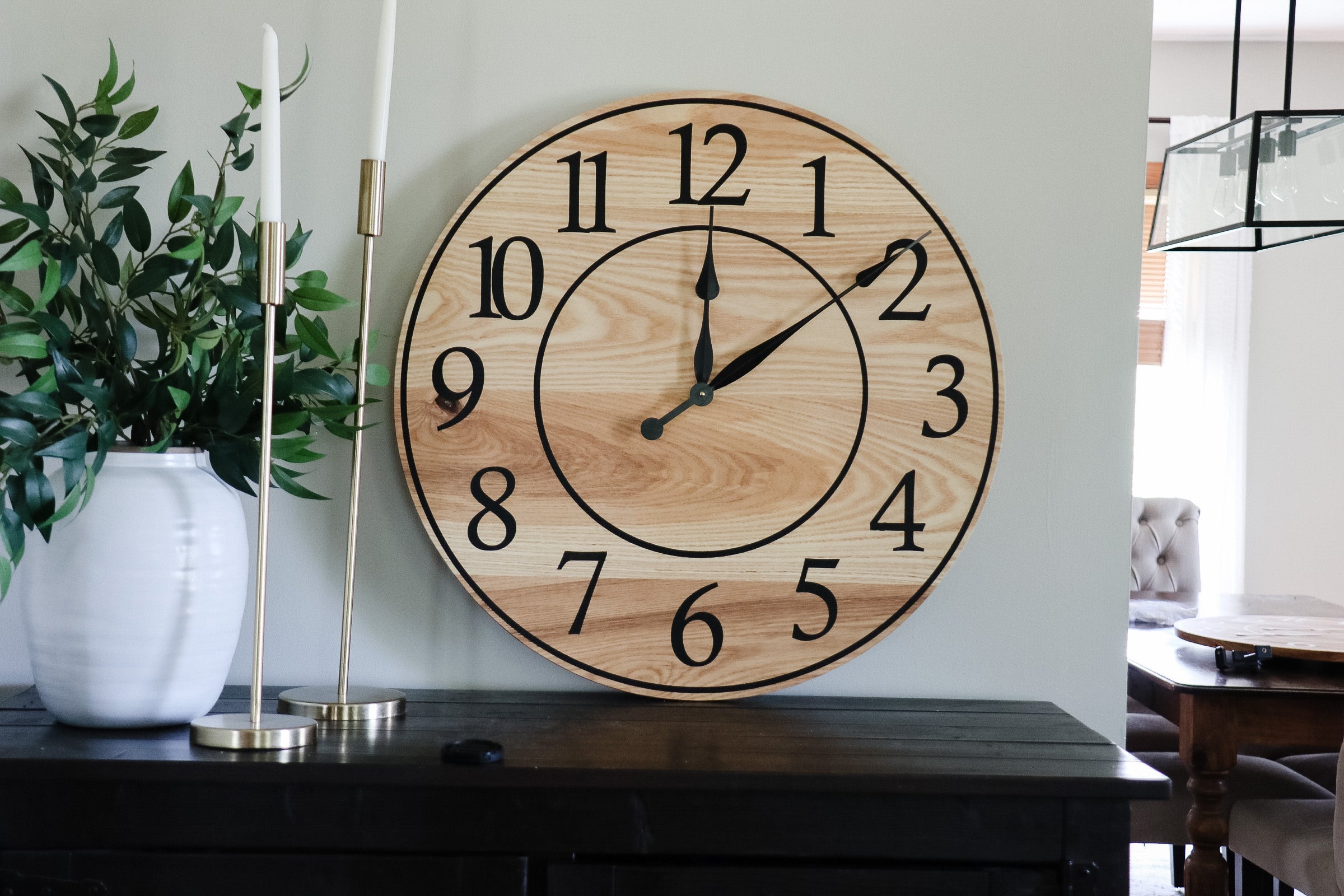 Solid Ash Wood Wall Clock with Black Numbers and Lines