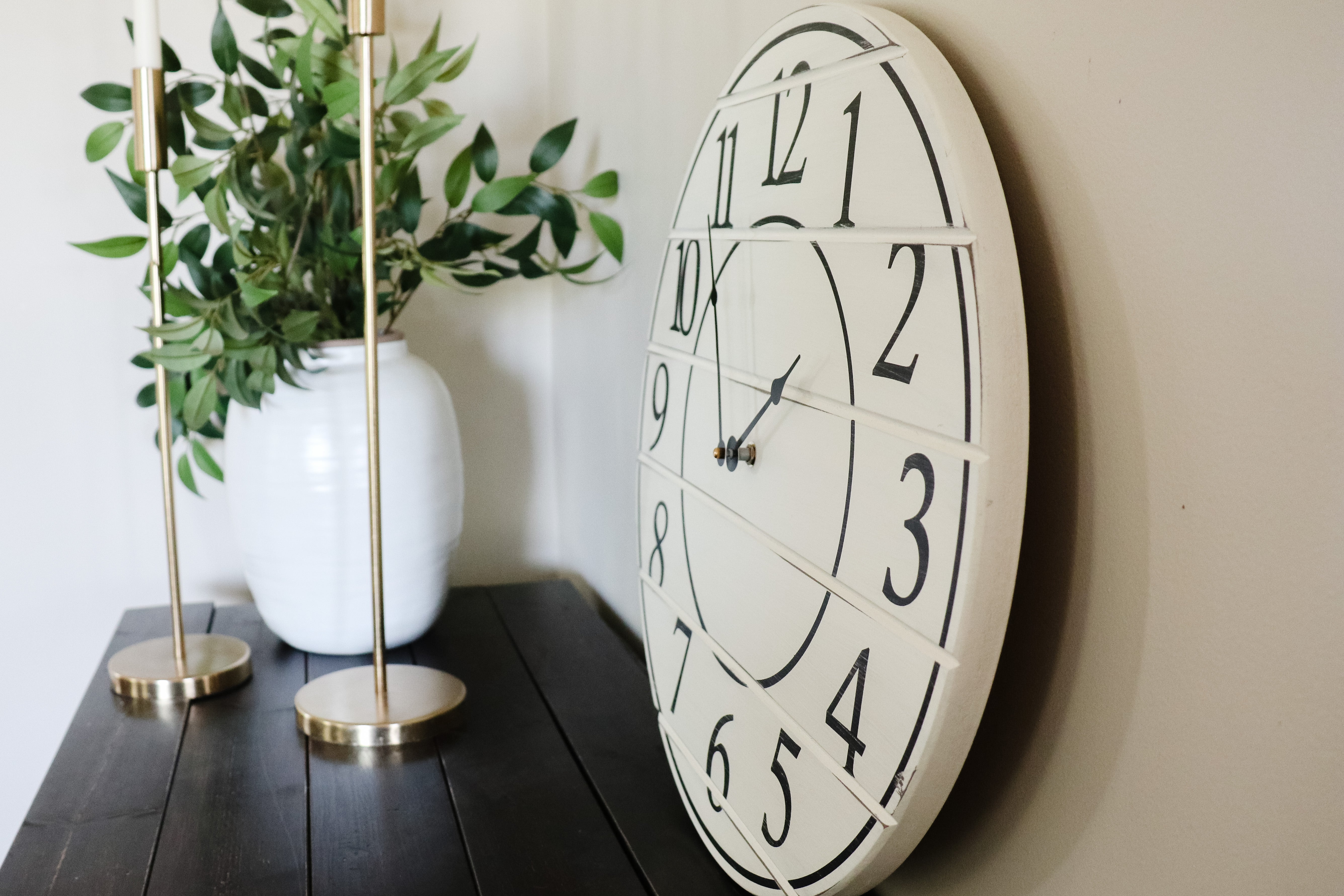 White Lightly Distressed Large Wall Clock with Black Numbers (in stock)