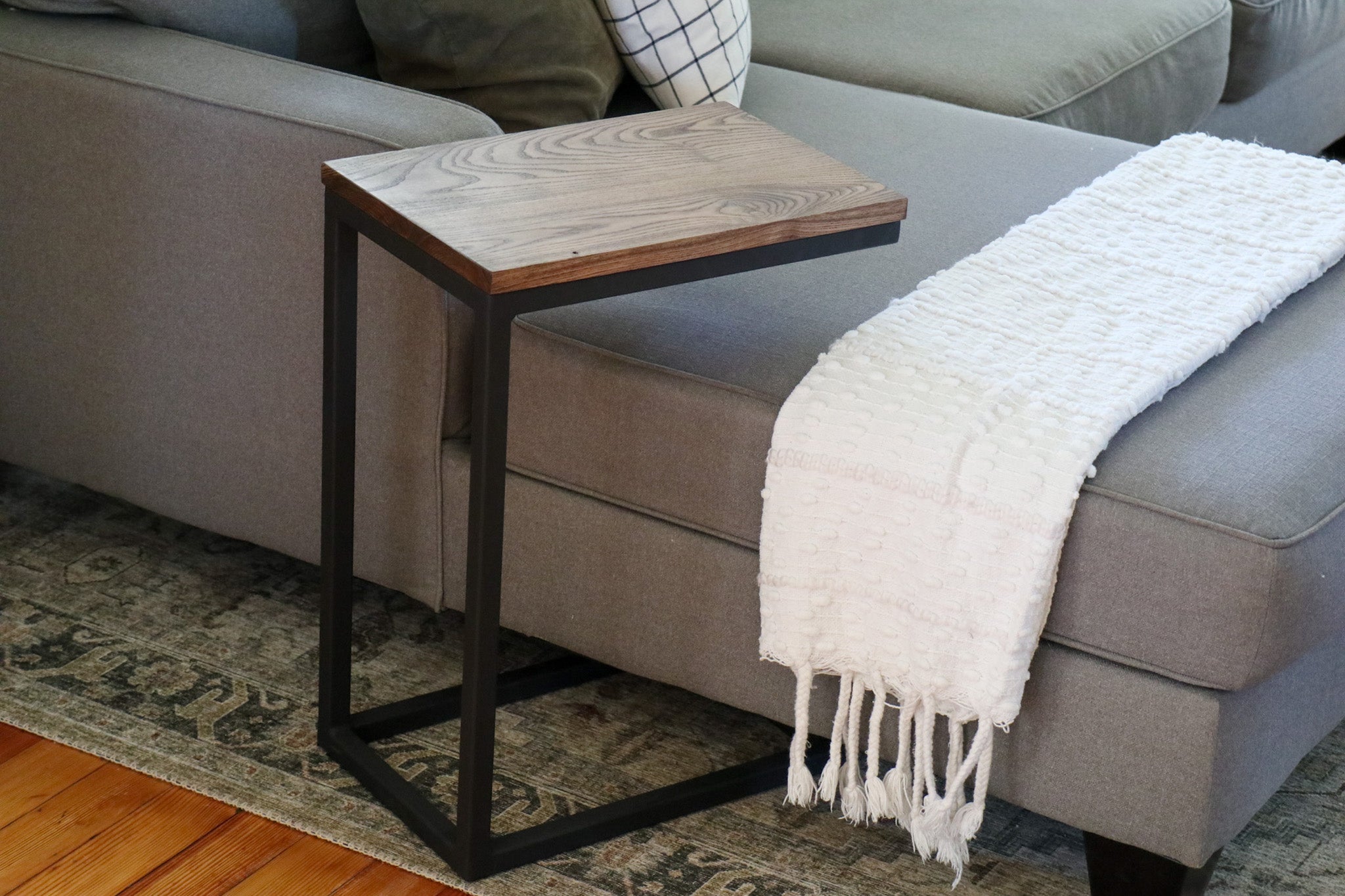 Solid Ash Wood & Black Metal C Table with Black Stain - Hazel Oak Farms