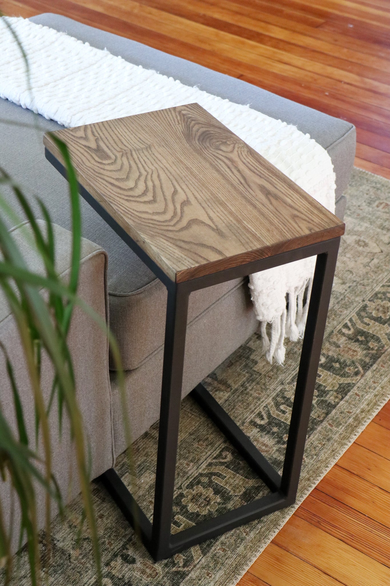 Solid Ash Wood & Black Metal C Table with Black Stain - Hazel Oak Farms