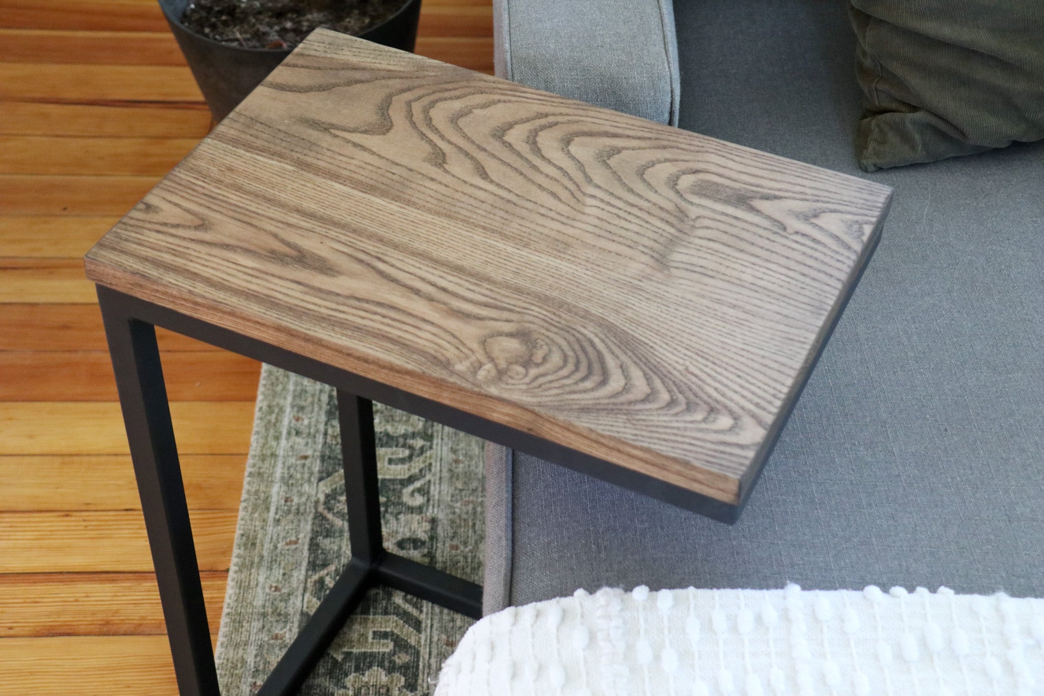 Solid Ash Wood & Black Metal C Table with Black Stain - Hazel Oak Farms