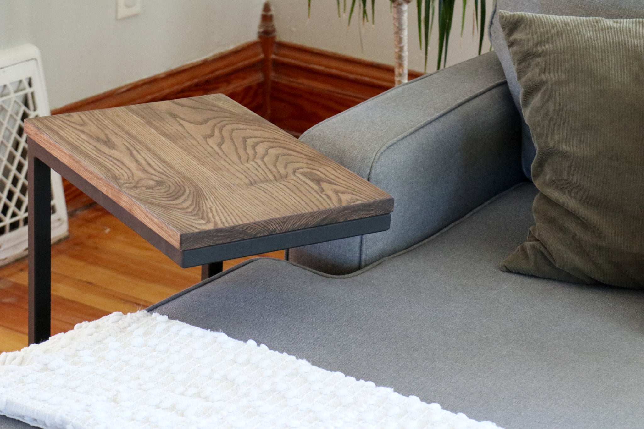 Solid Ash Wood &amp; Black Metal C Table with Black Stain - Hazel Oak Farms