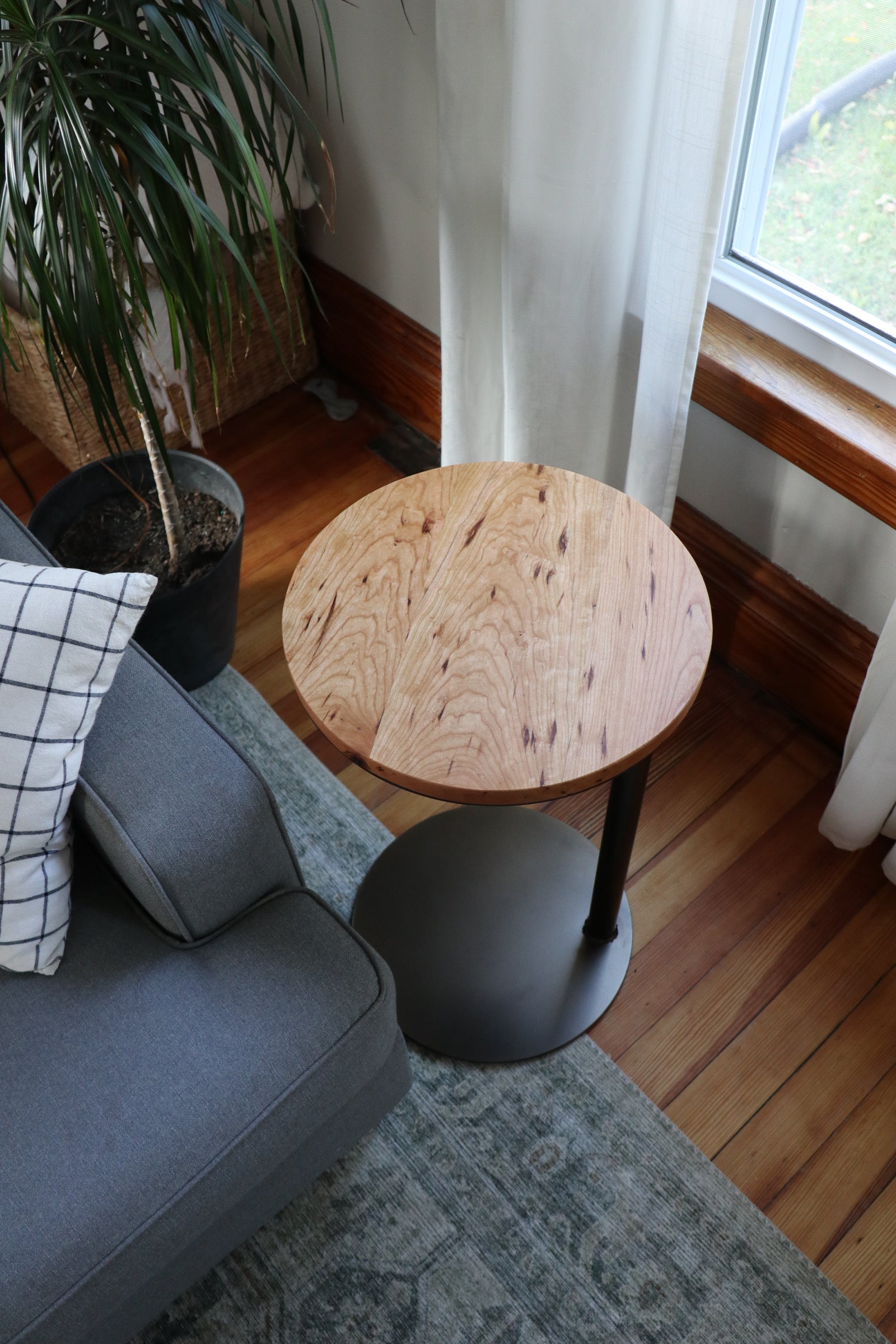 Large Cherry Wood Round Industrial Side Table - Hazel Oak Farms Handmade Furniture in Iowa, USA