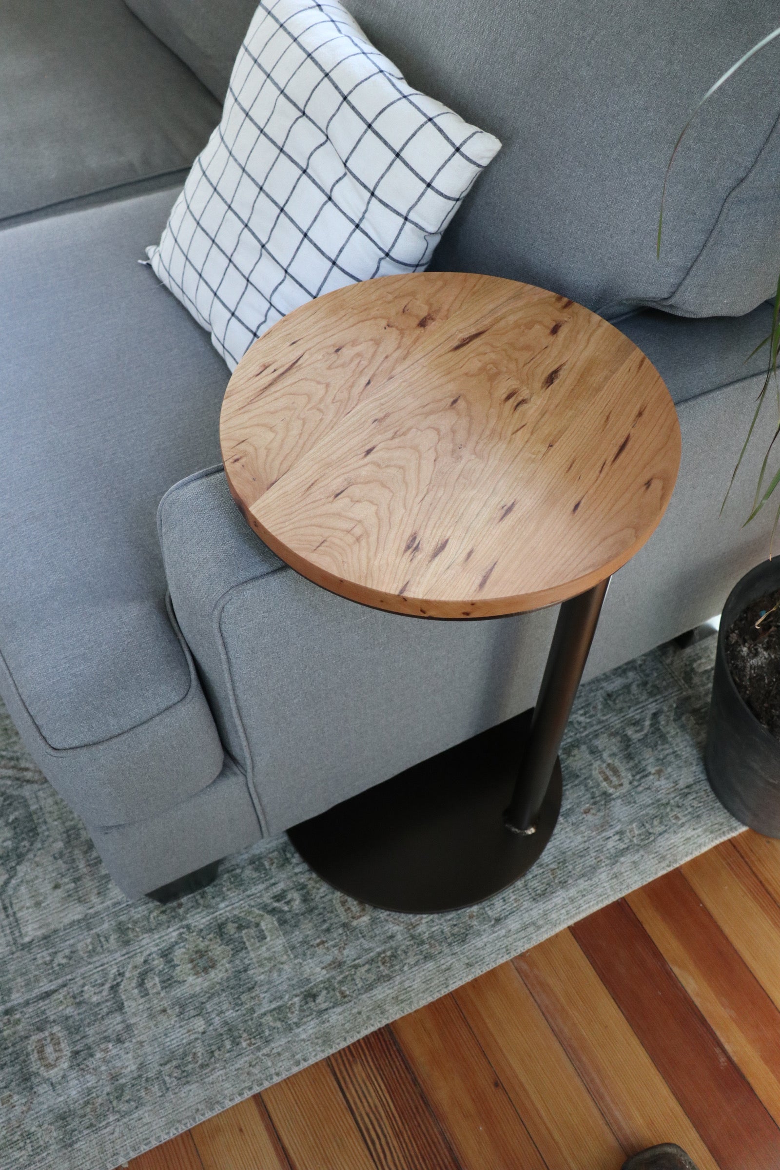 Large Cherry Wood Round Industrial Side Table - Hazel Oak Farms Handmade Furniture in Iowa, USA