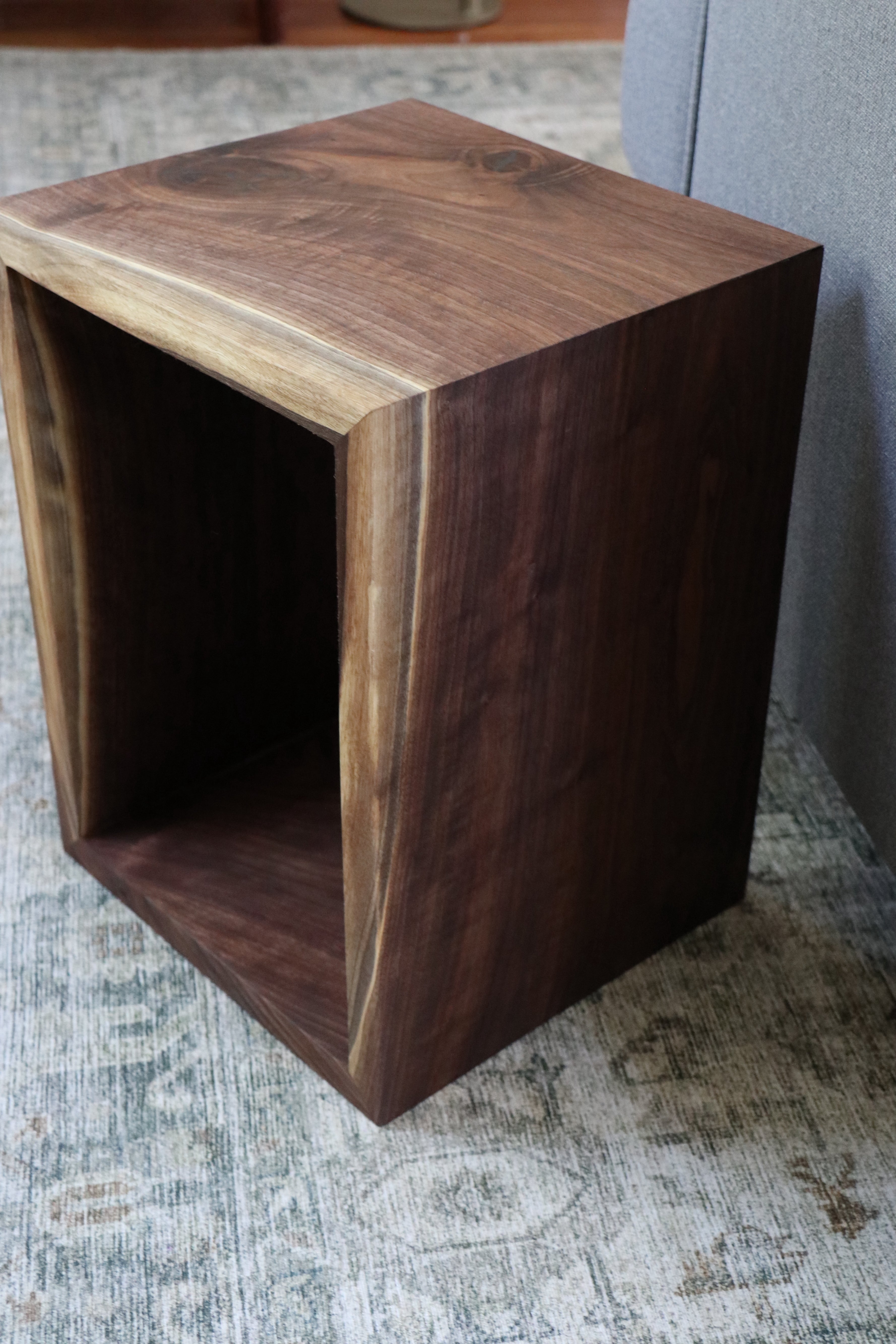 Complete Walnut Waterfall Cube Rectangle Side Table, Cuboid End Table - Hazel Oak Farms Handmade Furniture in Iowa, USA