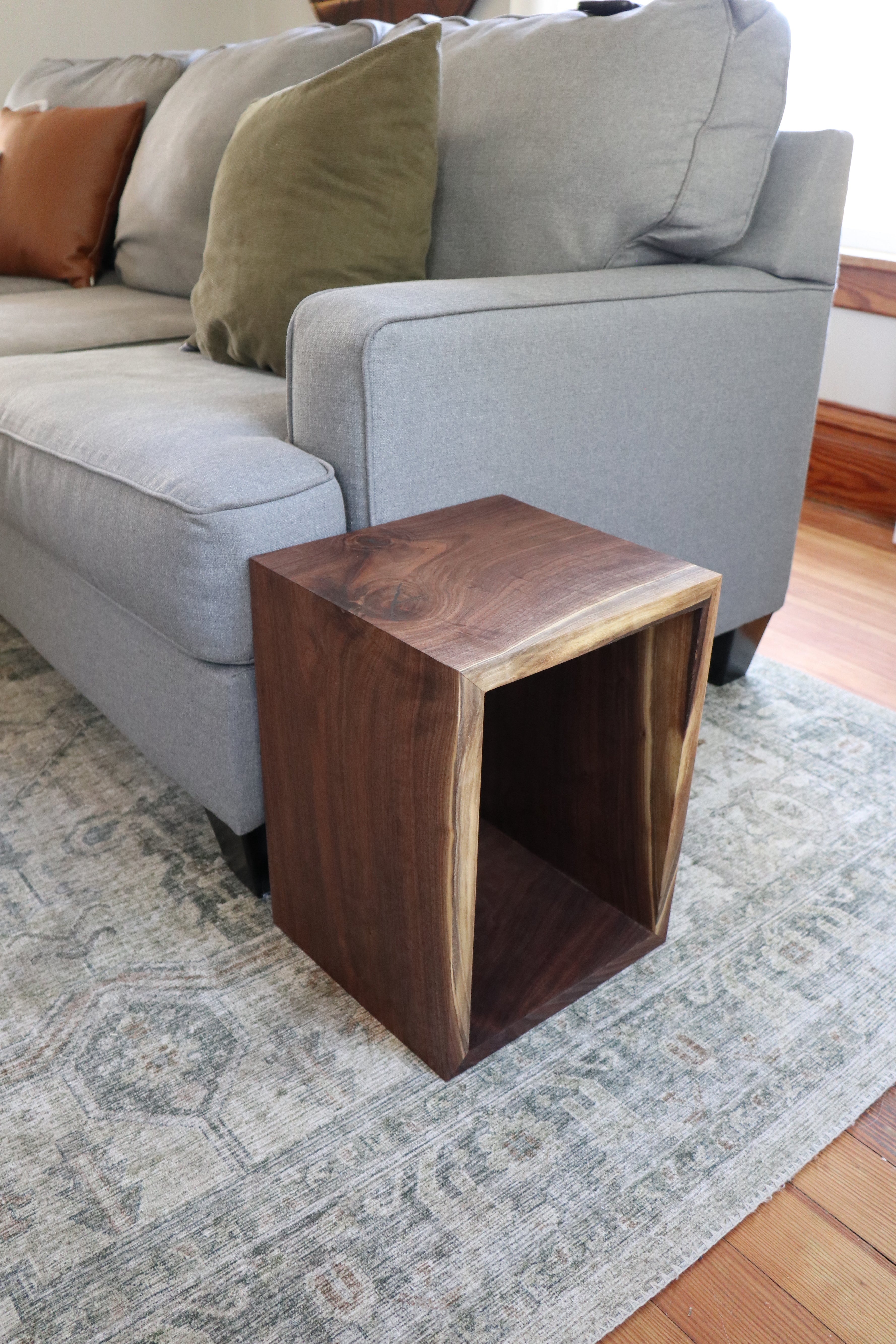 Complete Walnut Waterfall Cube Rectangle Side Table, Cuboid End Table - Hazel Oak Farms Handmade Furniture in Iowa, USA