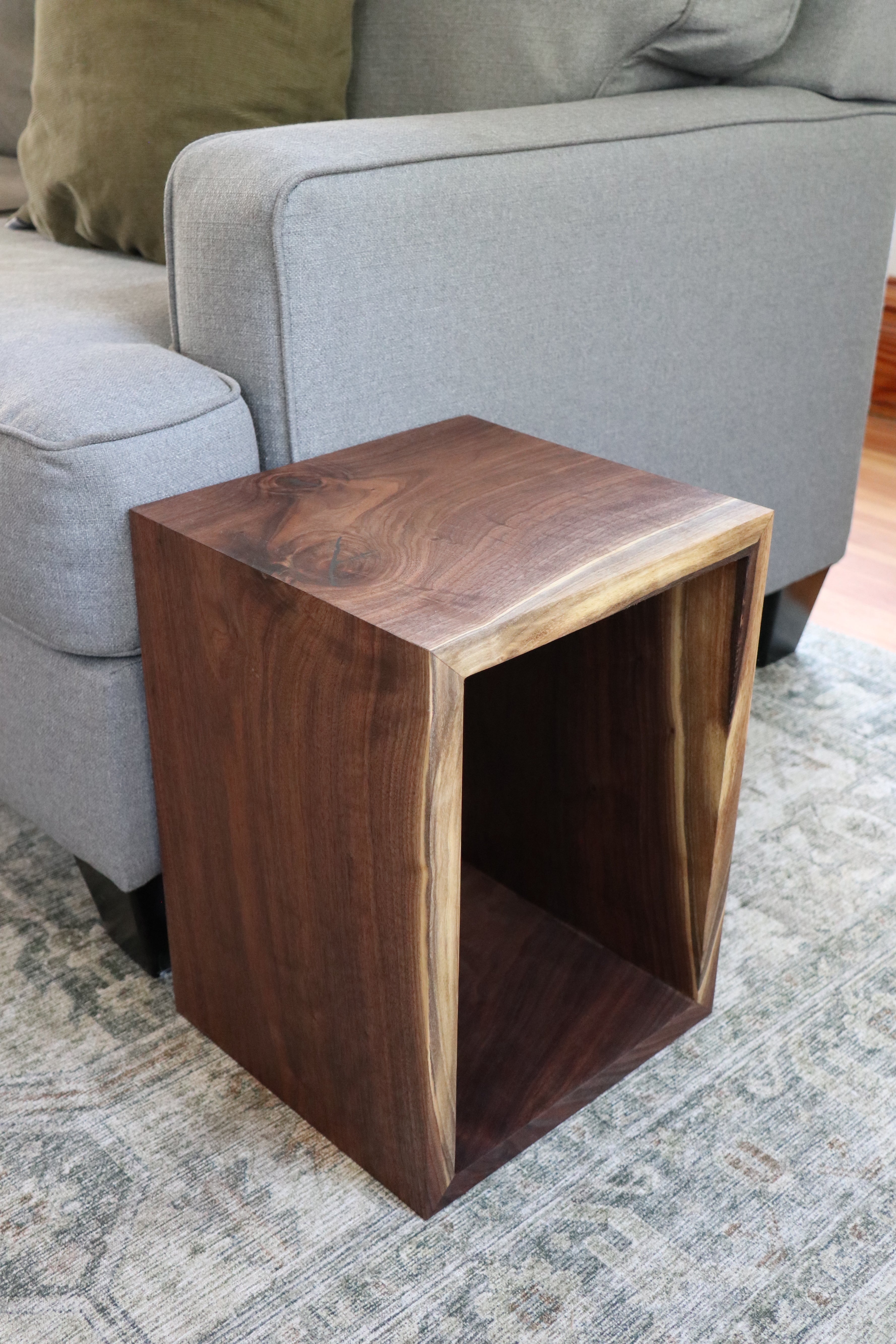 Complete Walnut Waterfall Cube Rectangle Side Table, Cuboid End Table - Hazel Oak Farms Handmade Furniture in Iowa, USA