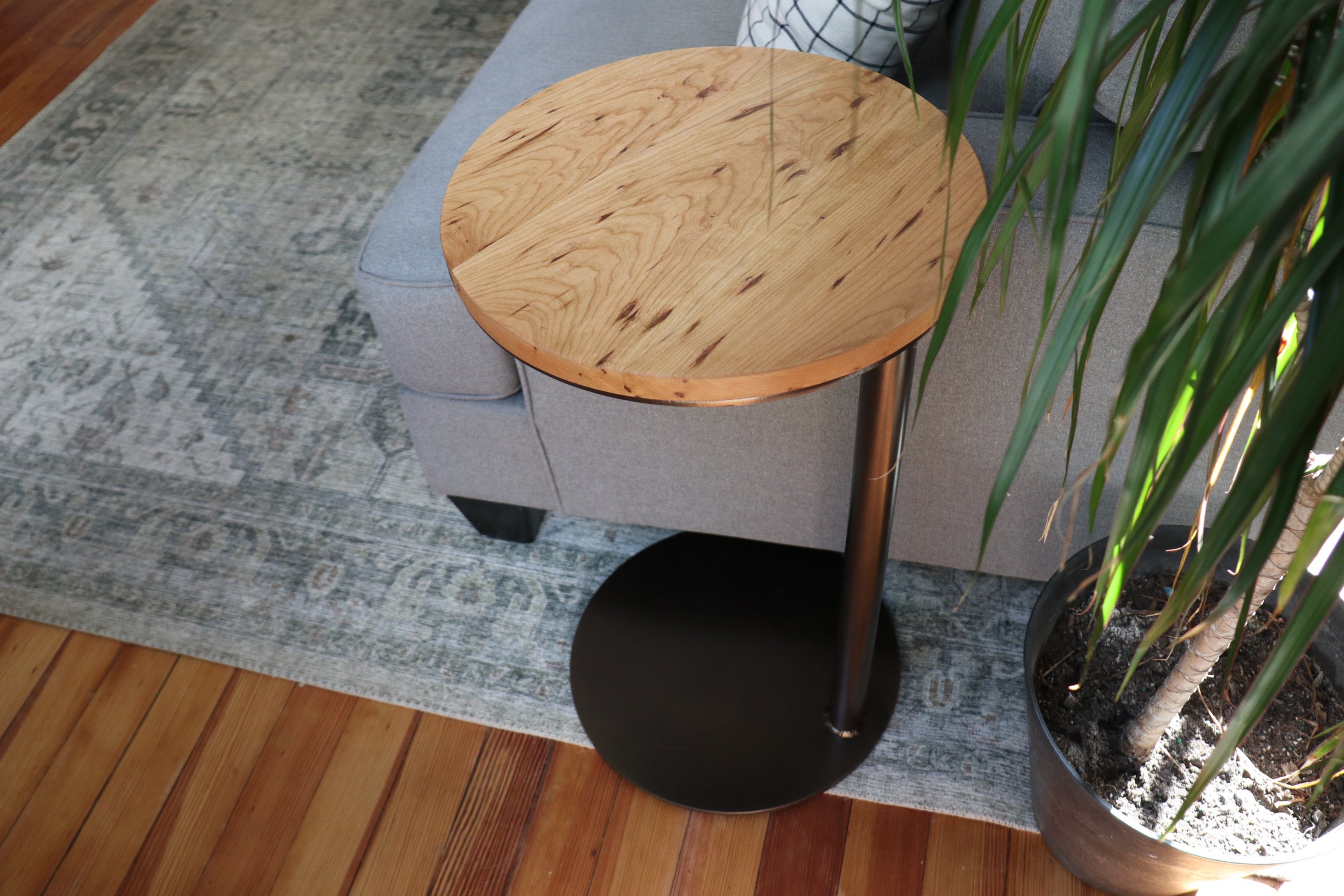 Large Cherry Wood Round Industrial Side Table - Hazel Oak Farms Handmade Furniture in Iowa, USA