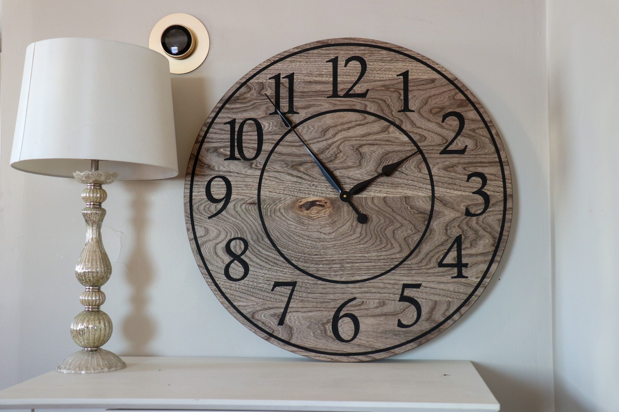 Large Brown Stained Hackberry Wall Clock with Black Numbers - Hazel Oak Farms Handmade Furniture in Iowa, USA