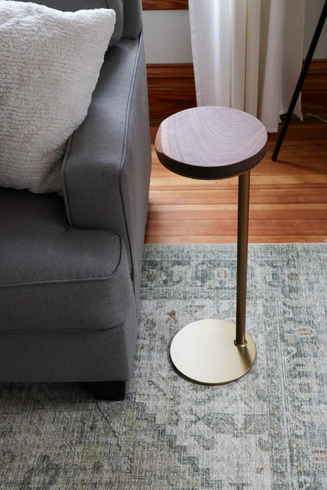 Small Live-Edge Walnut, Gold Round Industrial Side Table - Hazel Oak Farms