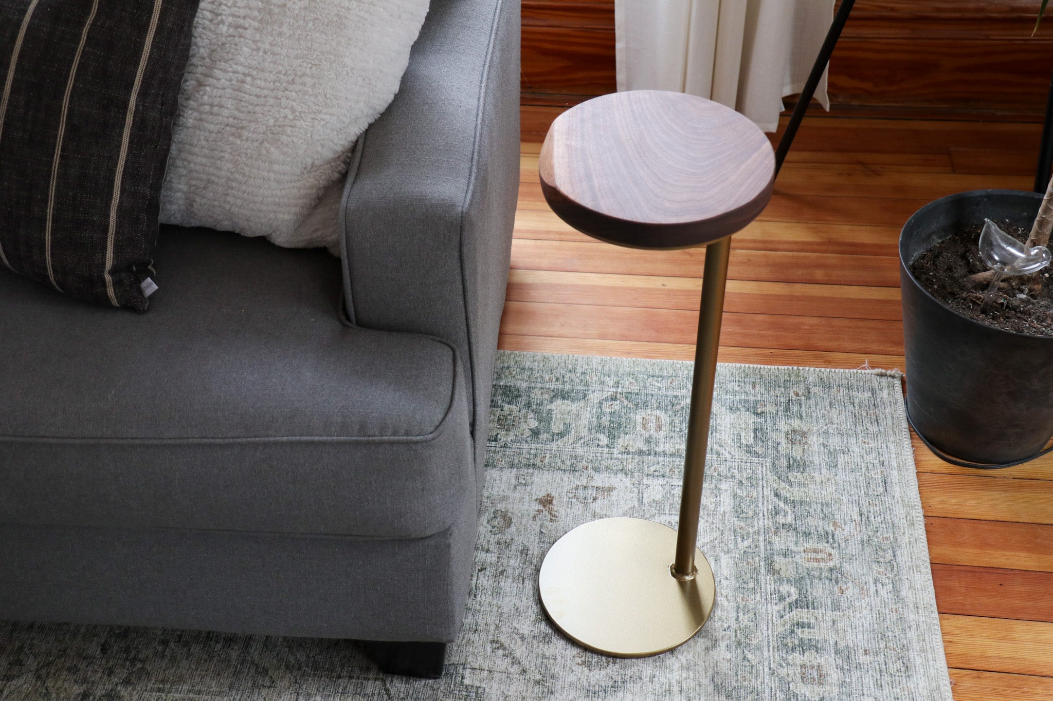 Small Live-Edge Walnut, Gold Round Industrial Side Table - Hazel Oak Farms