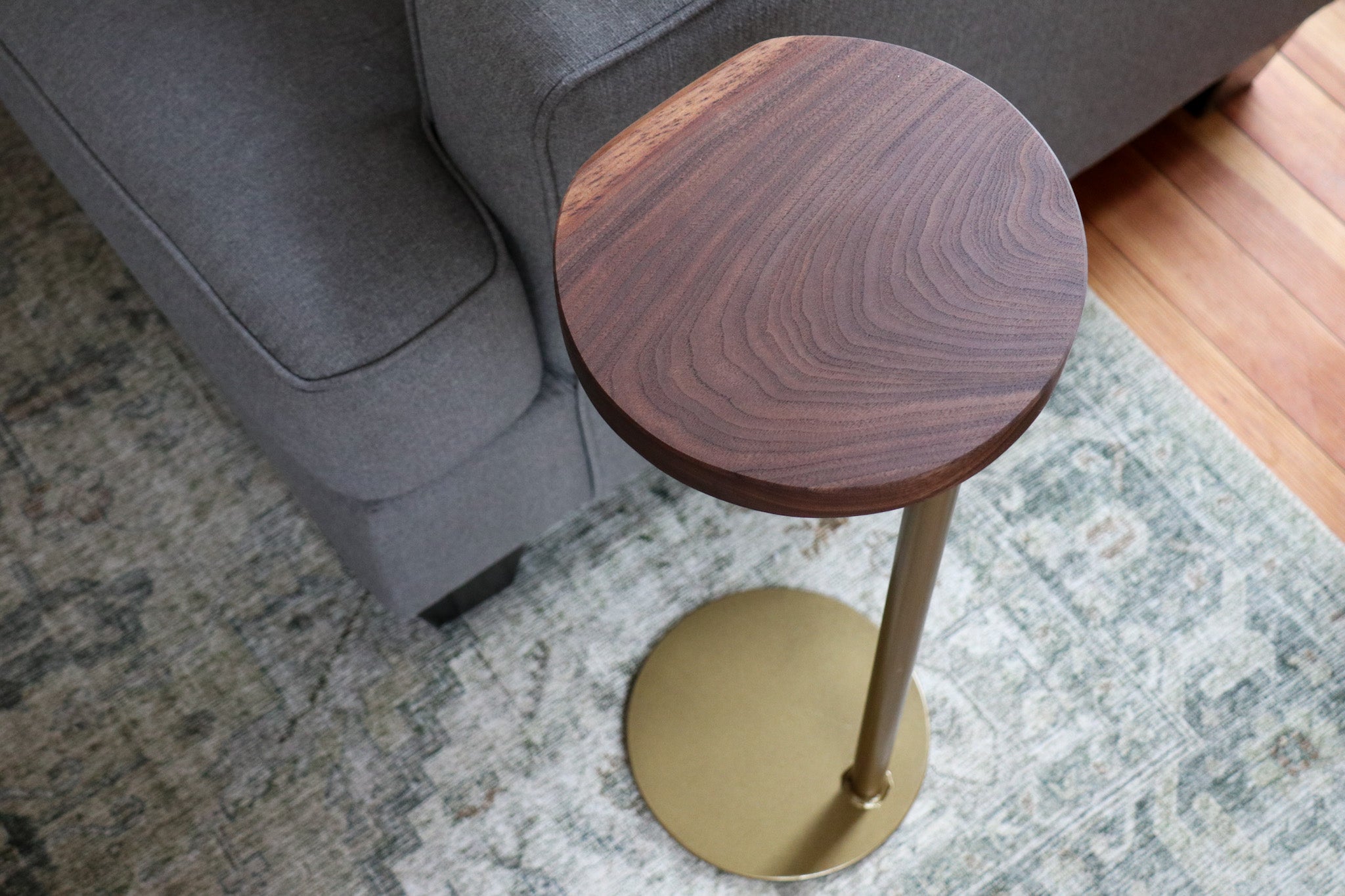 Small Live-Edge Walnut, Gold Round Industrial Side Table - Hazel Oak Farms