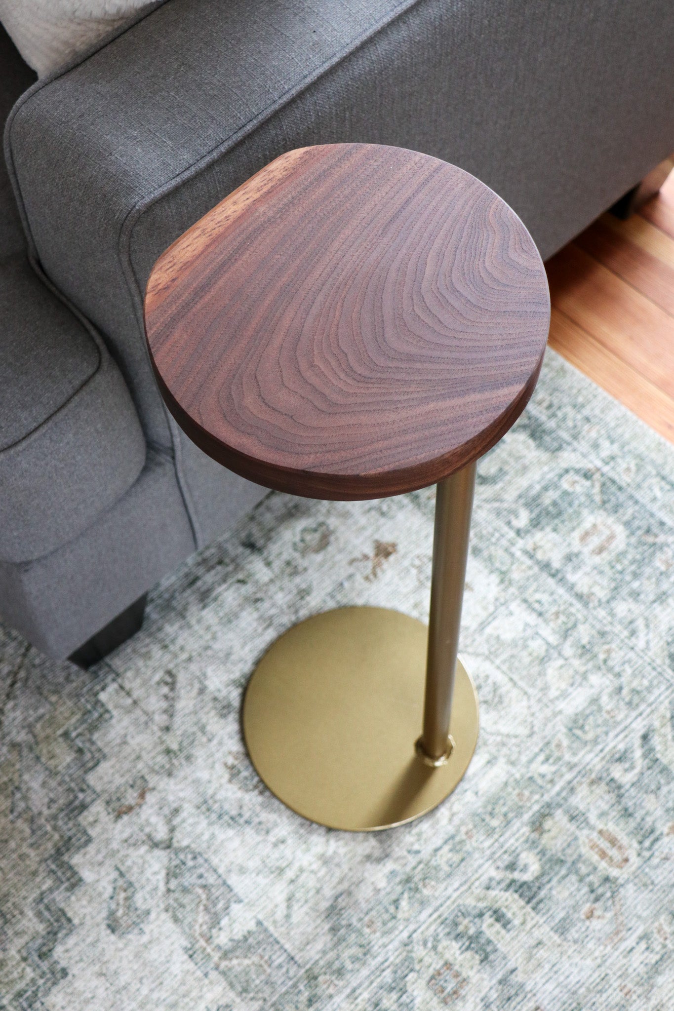 Small Live-Edge Walnut, Gold Round Industrial Side Table - Hazel Oak Farms