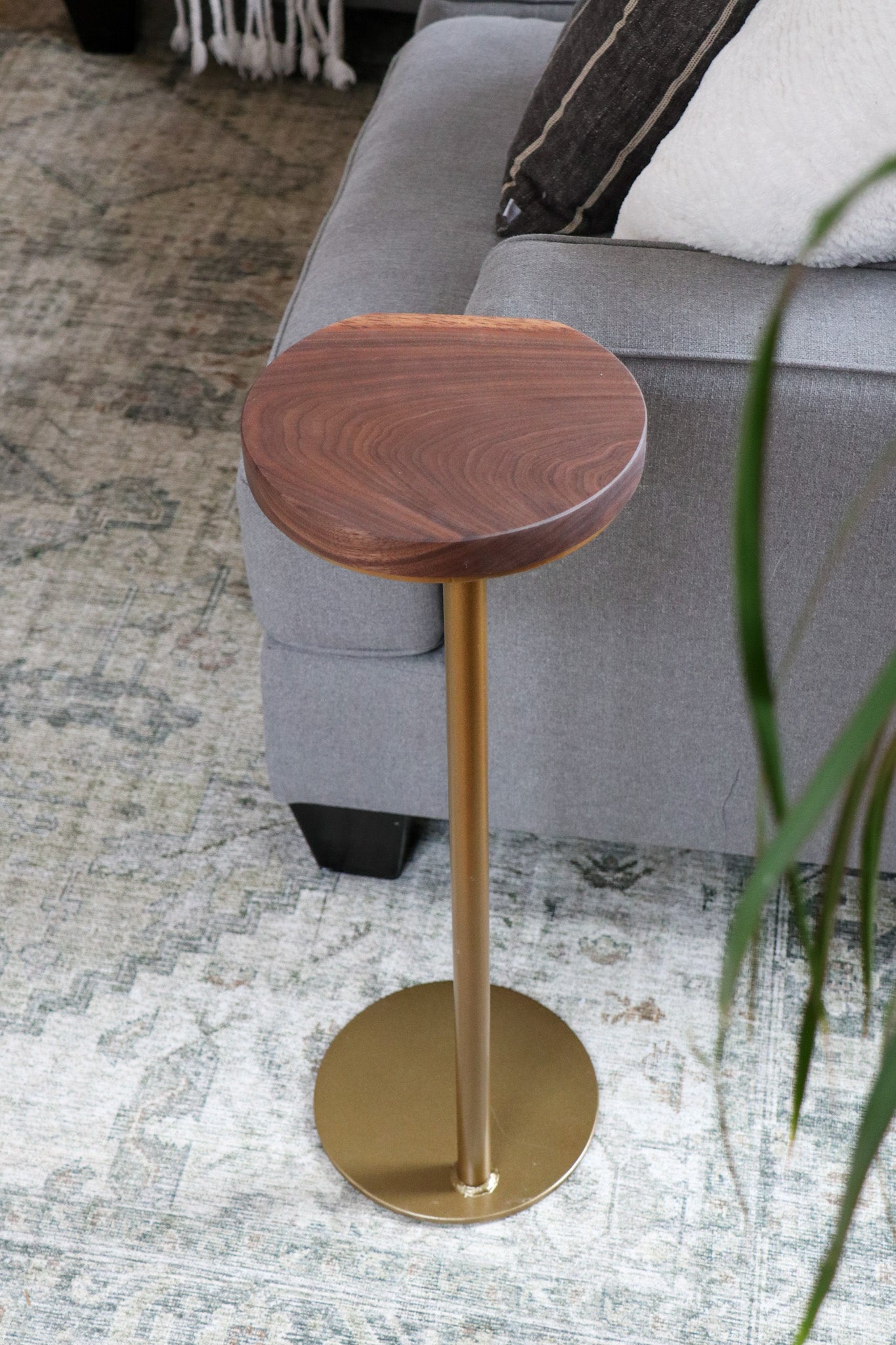 Small Live-Edge Walnut, Gold Round Industrial Side Table - Hazel Oak Farms