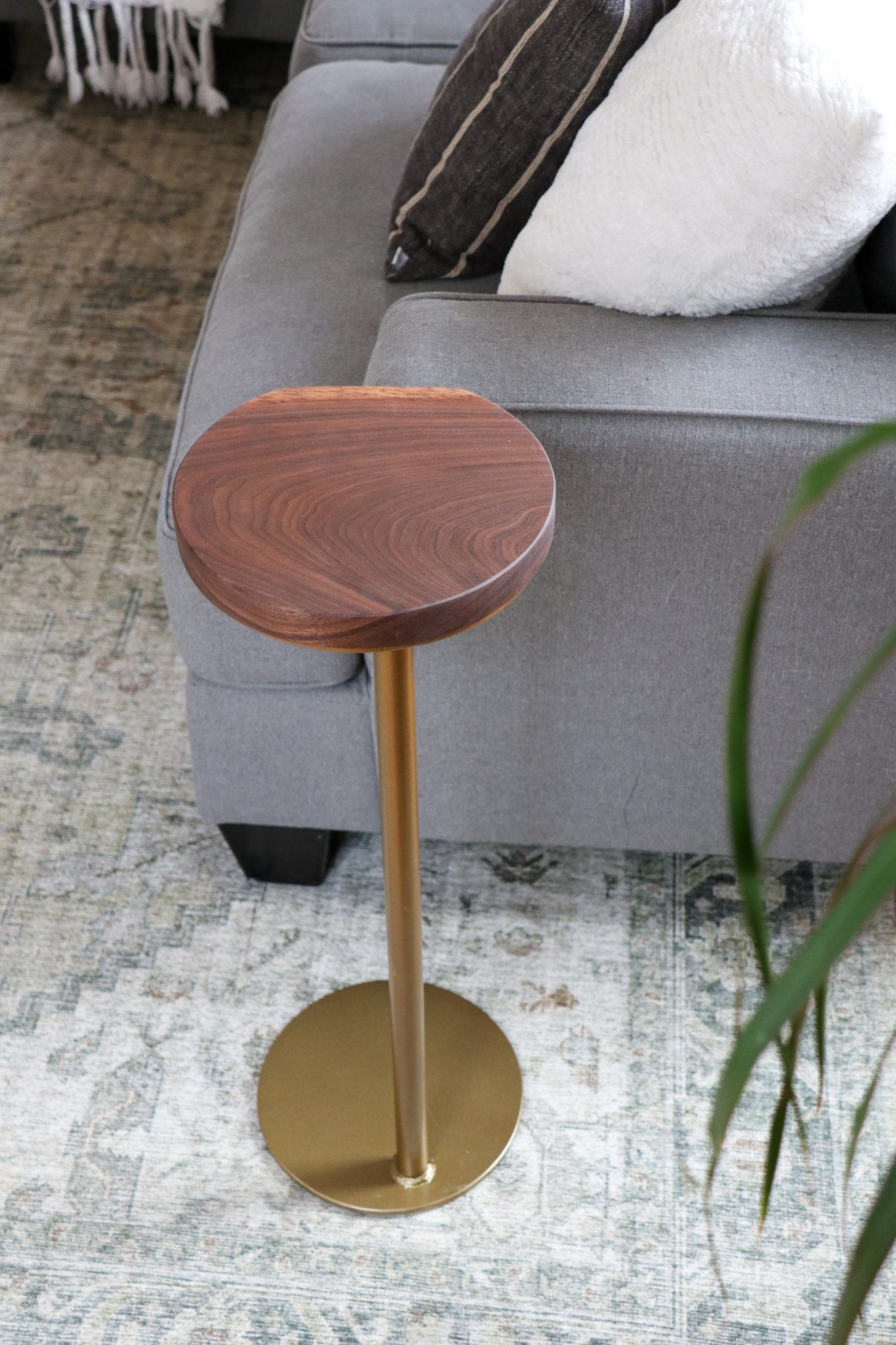 Small Live-Edge Walnut, Gold Round Industrial Side Table - Hazel Oak Farms