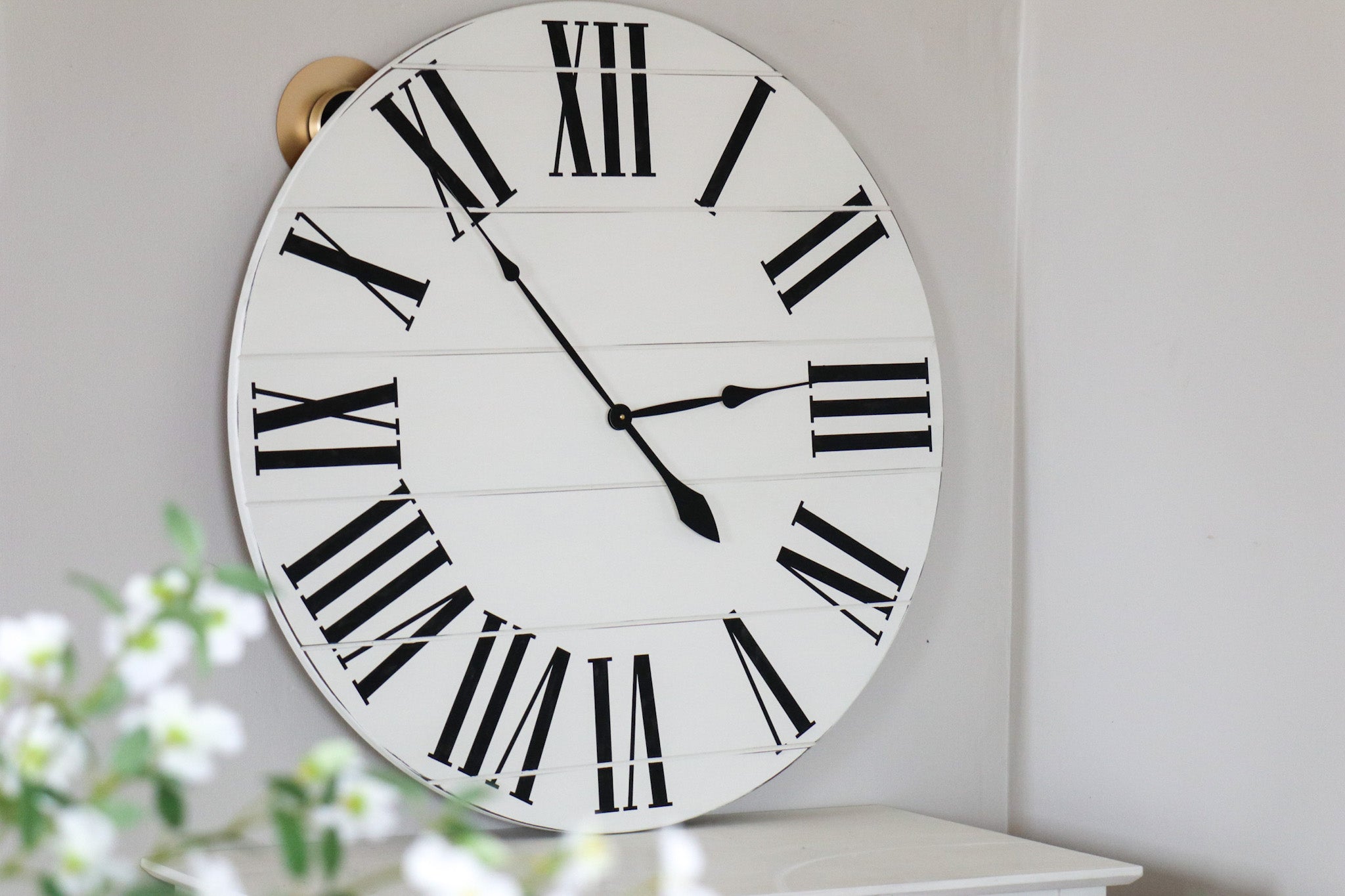 Simple 36&quot; Farmhouse Style Large White Distressed Wall Clock with Black Roman Numerals (in stock) - Hazel Oak Farms