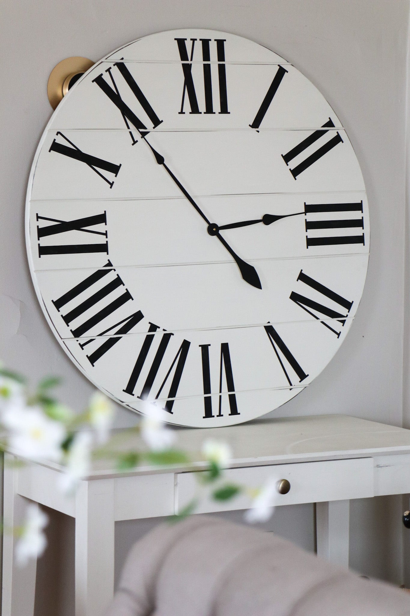 Simple 36&quot; Farmhouse Style Large White Distressed Wall Clock with Black Roman Numerals (in stock) - Hazel Oak Farms