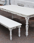 White Farmhouse Dining Table & Bench with Distressed Legs