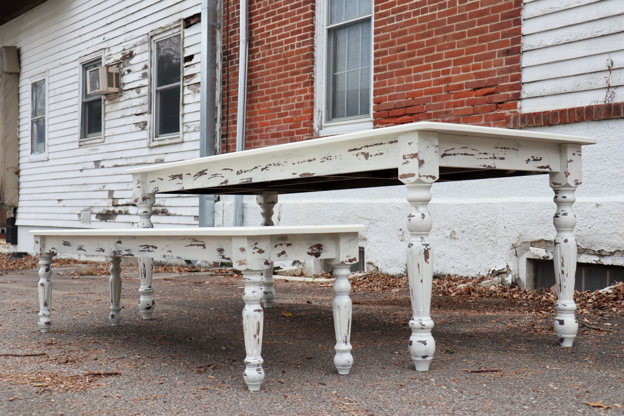 White Farmhouse Dining Table & Bench with Distressed Legs