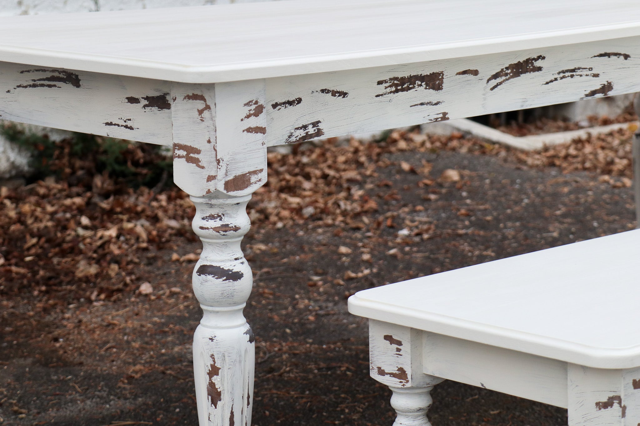 White Farmhouse Dining Table & Bench with Distressed Legs