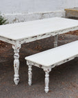 White Farmhouse Dining Table & Bench with Distressed Legs