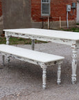 White Farmhouse Dining Table & Bench with Distressed Legs