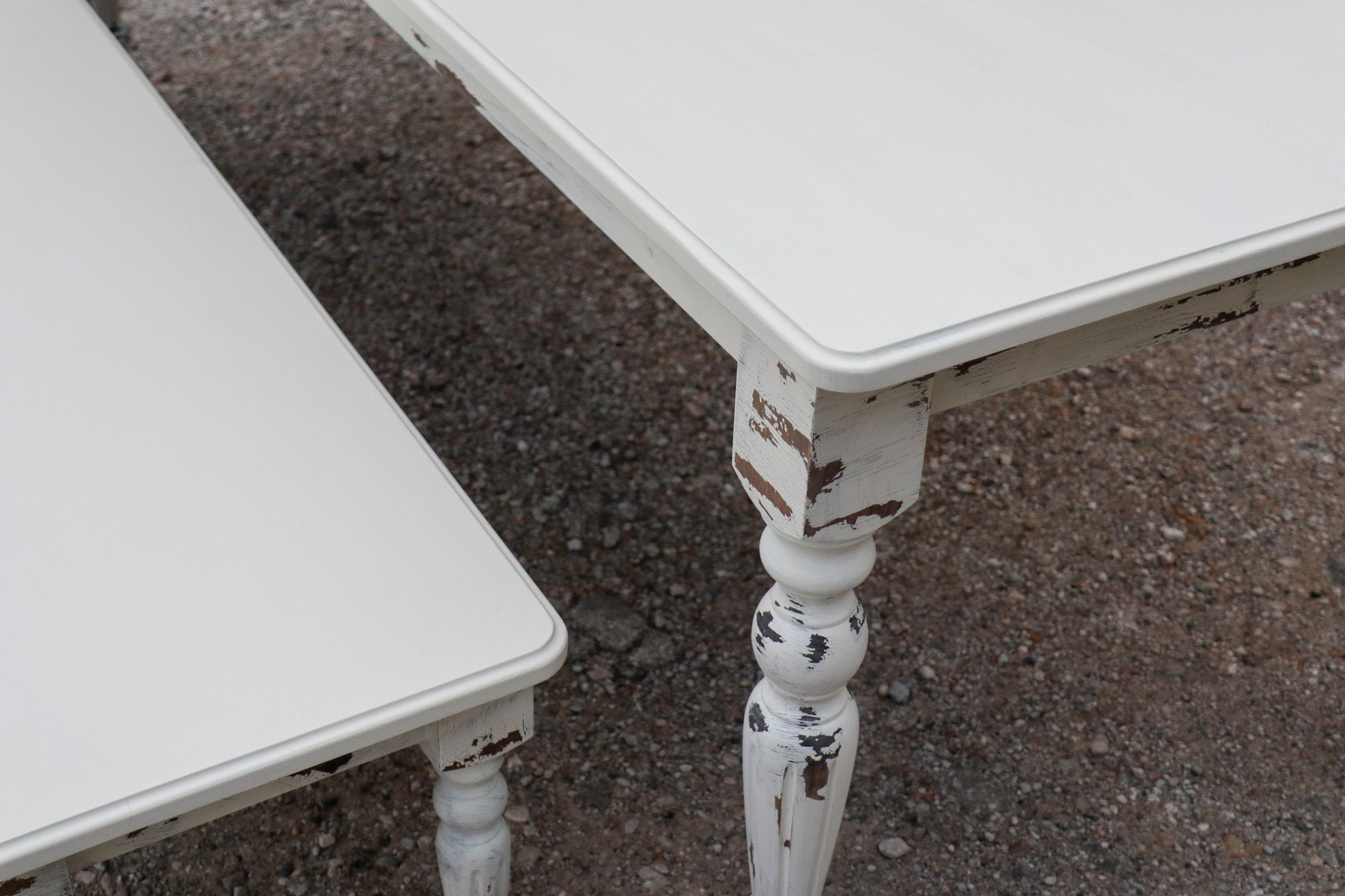 White Farmhouse Dining Table & Bench with Distressed Legs