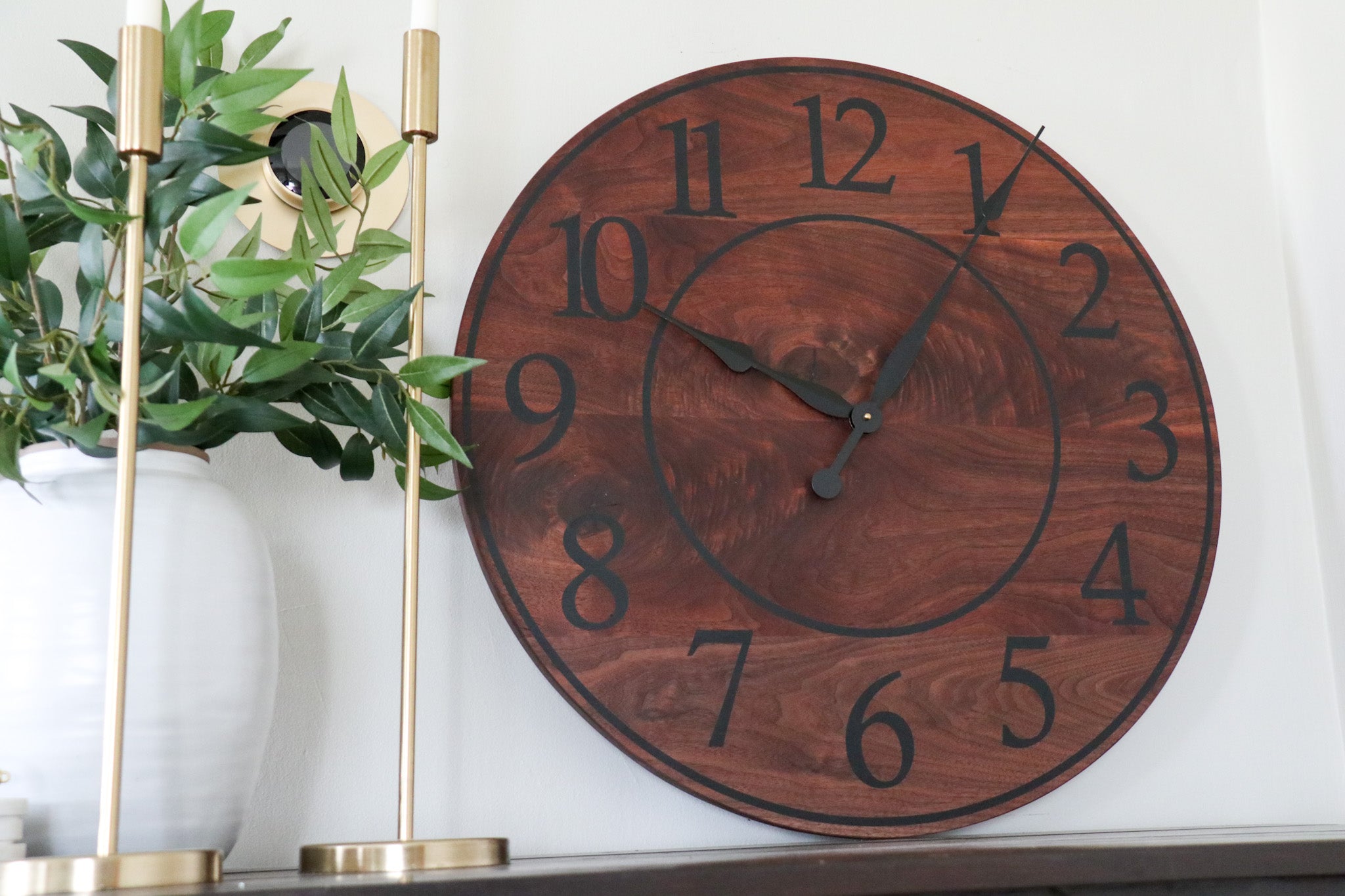 Solid Wood Walnut Wall Clock with Black Numbers