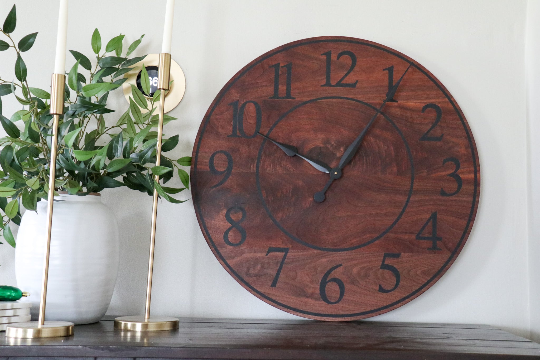 Solid Wood Walnut Wall Clock with Black Numbers