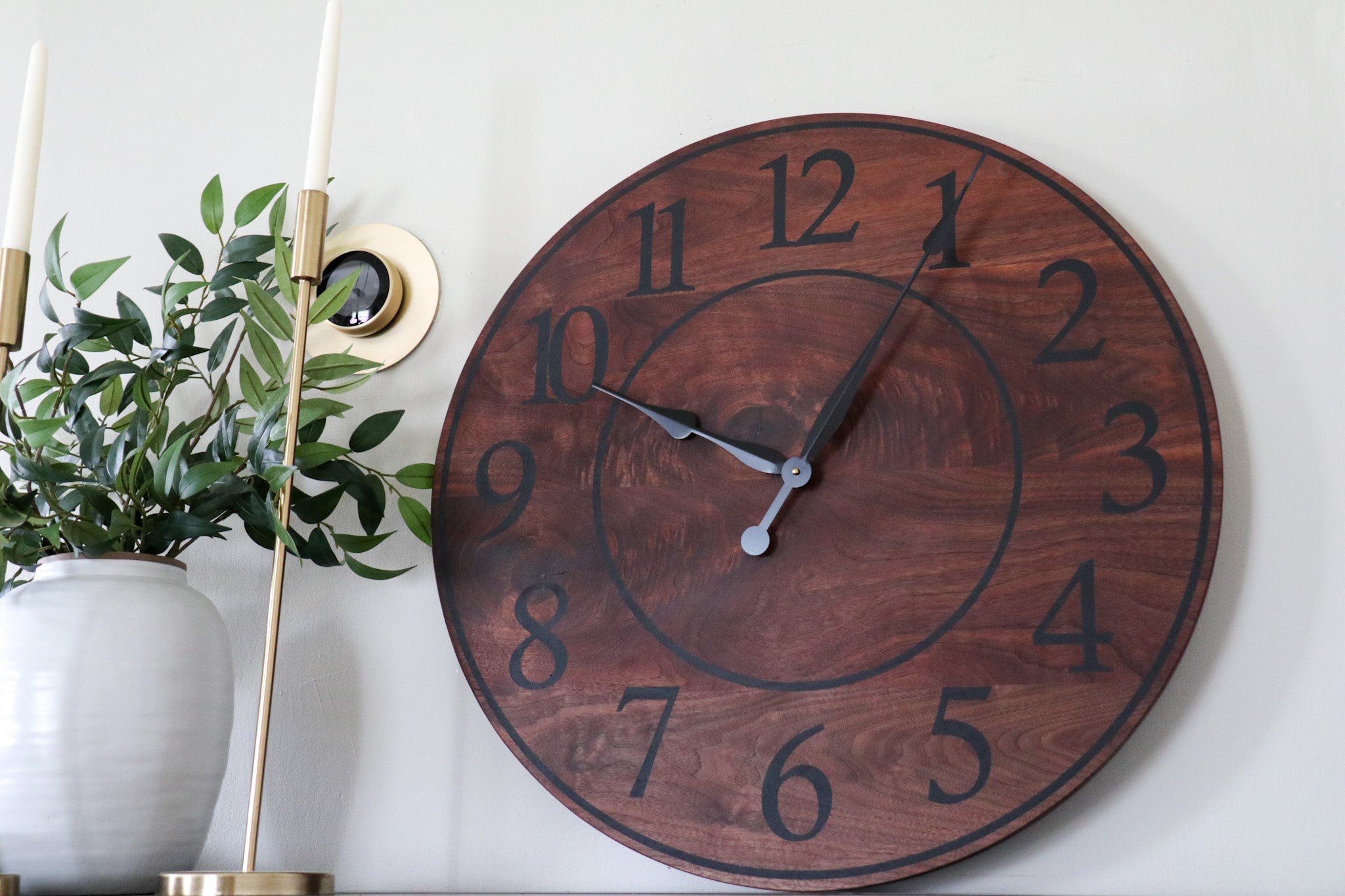 Solid Wood Walnut Wall Clock with Black Numbers