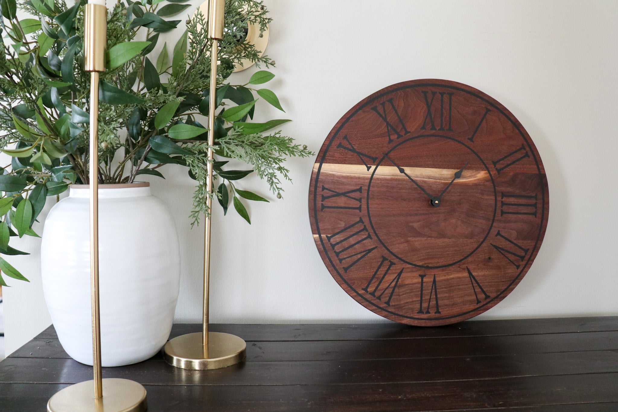 Solid Walnut Wall Clock - Black Lines and Roman Numerals