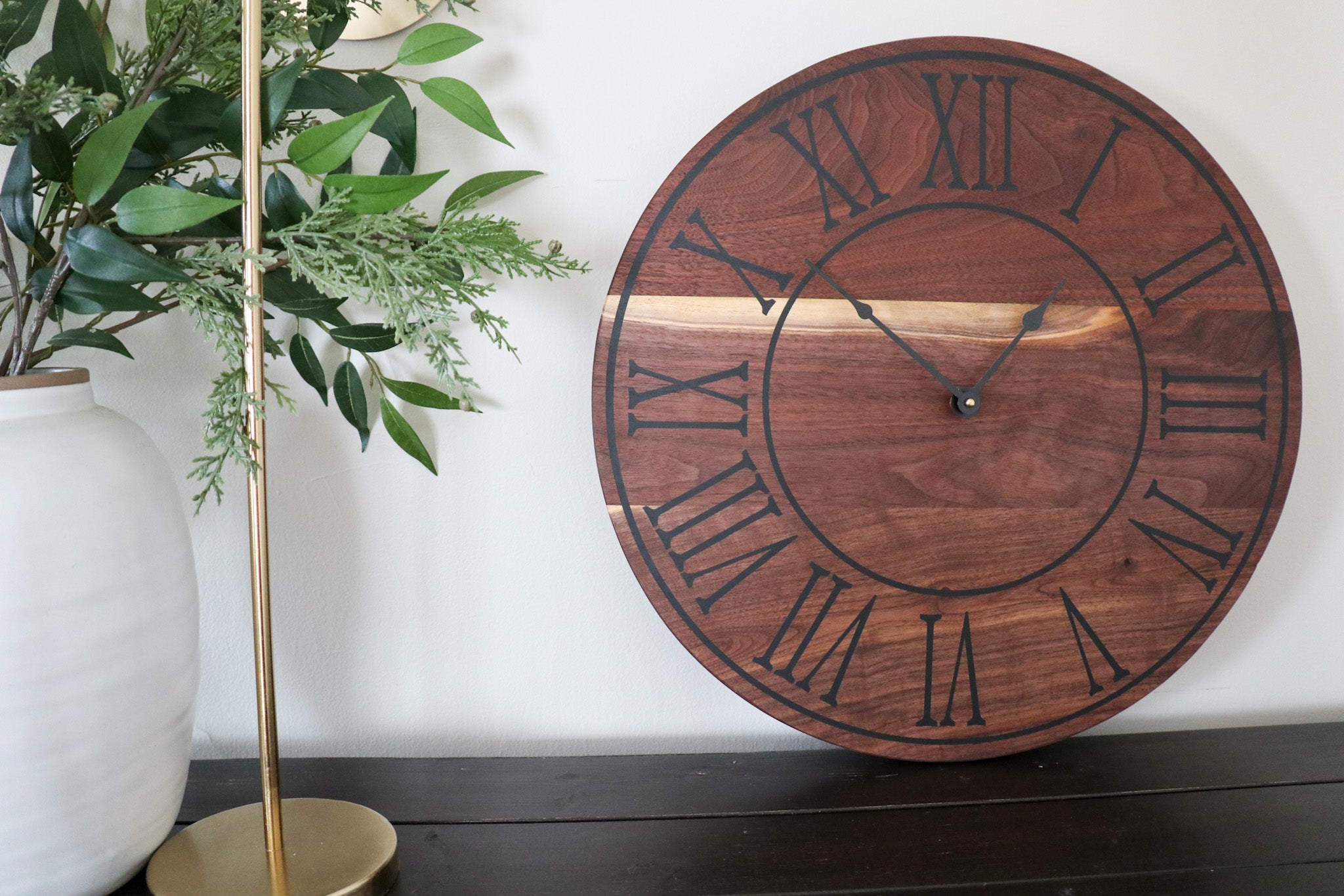 Solid Walnut Wall Clock - Black Lines and Roman Numerals