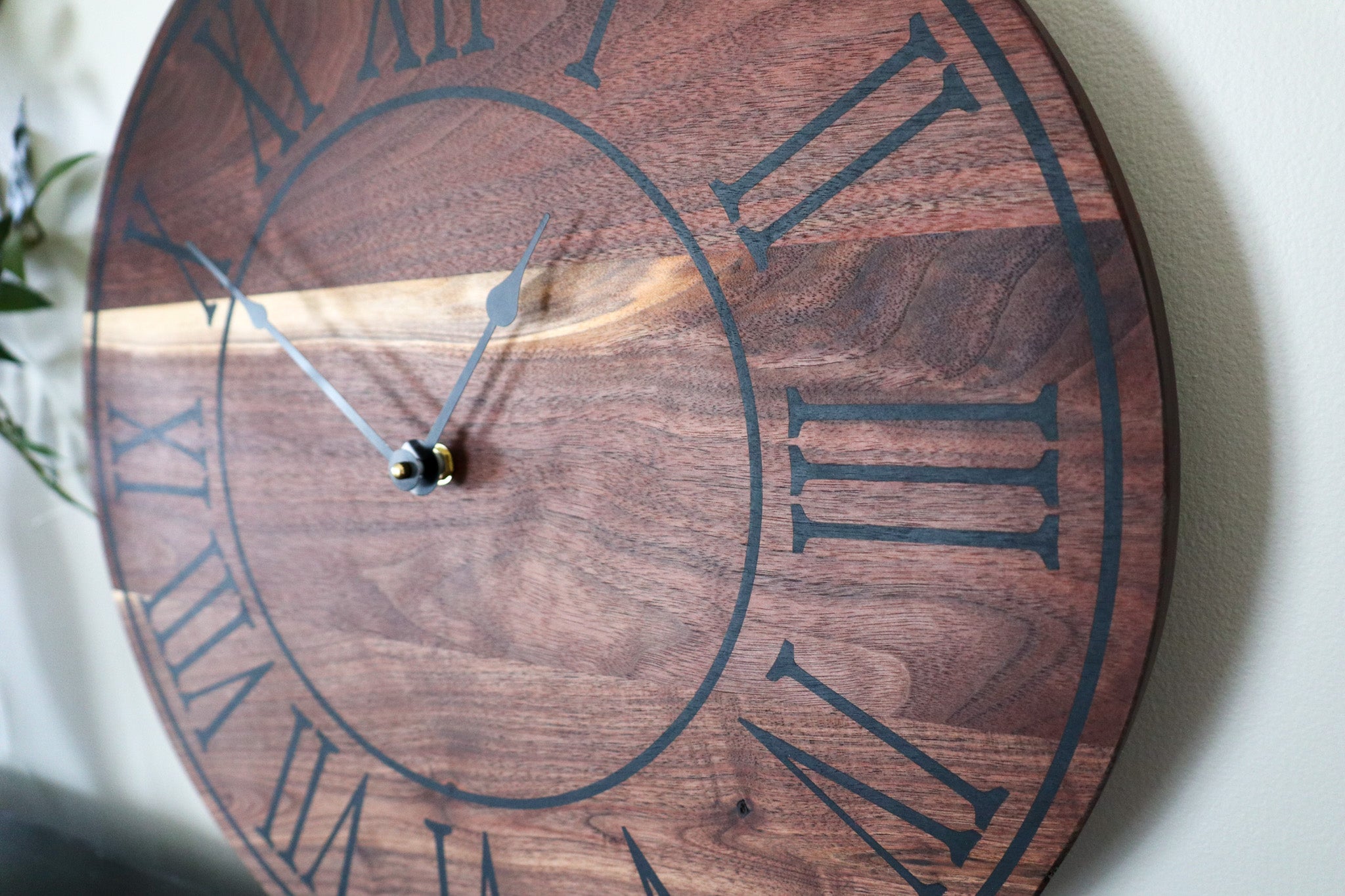 Solid Walnut Wall Clock - Black Lines and Roman Numerals