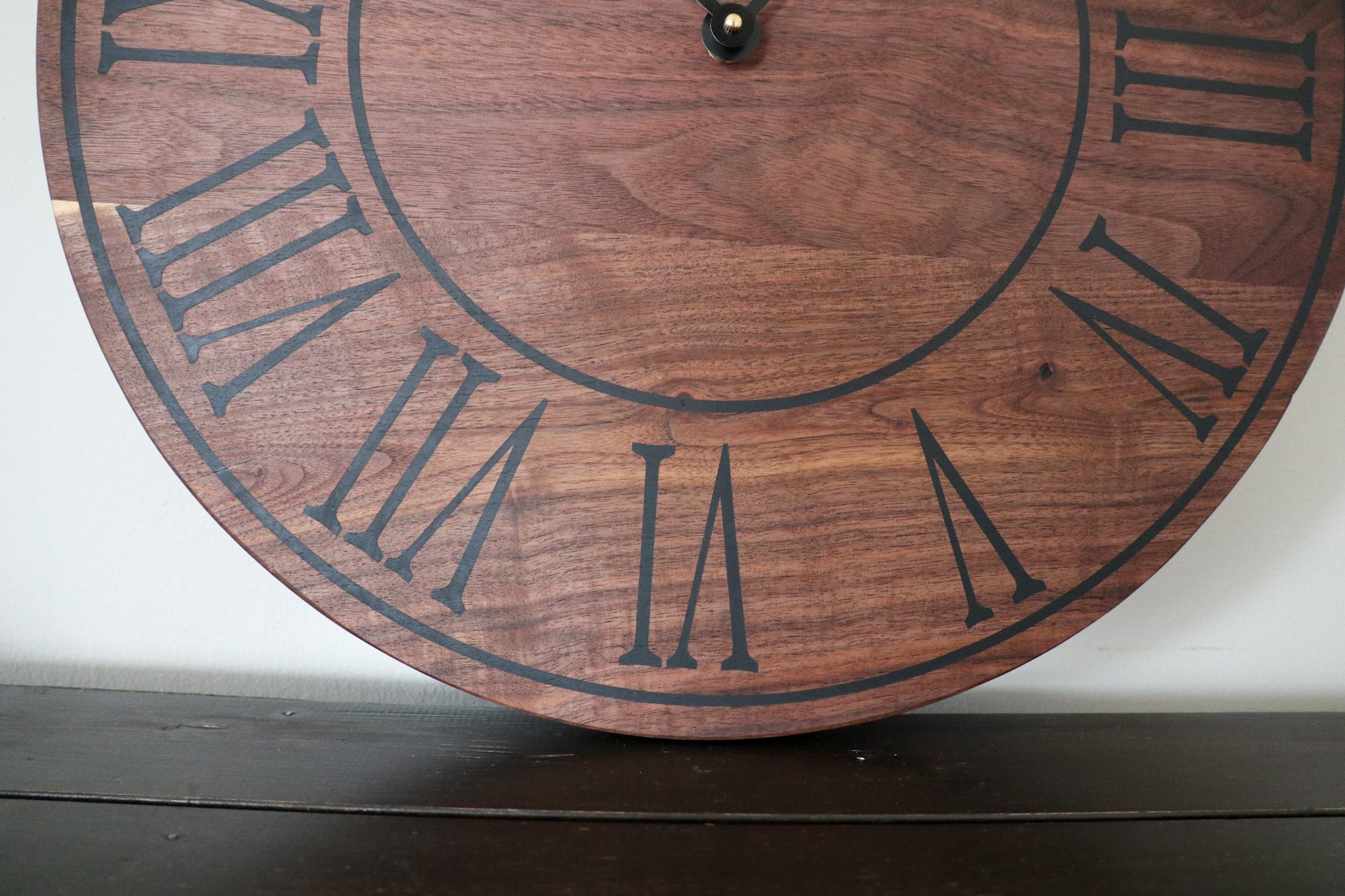 Solid Walnut Wall Clock - Black Lines and Roman Numerals