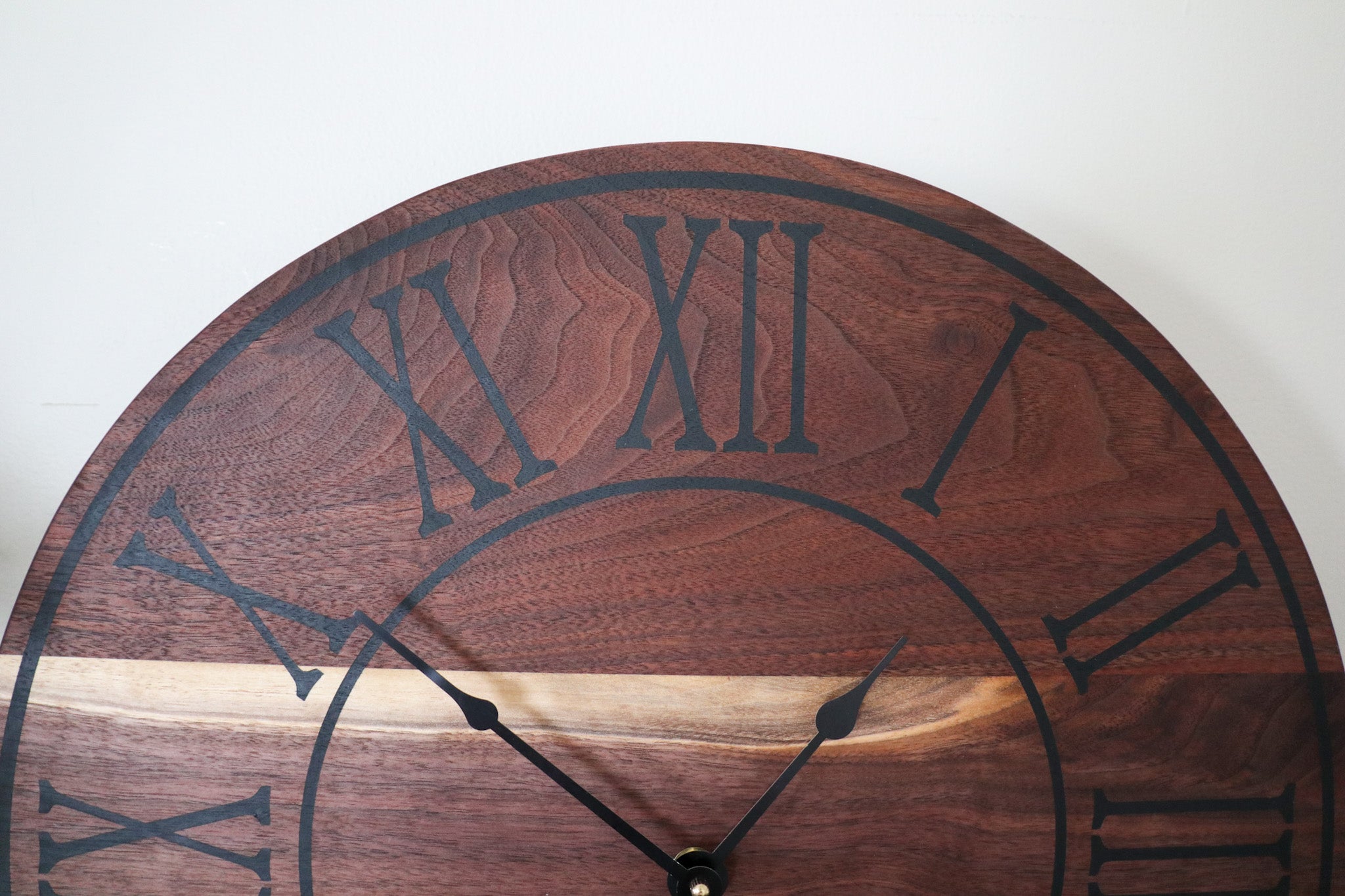 Solid Walnut Wall Clock - Black Lines and Roman Numerals