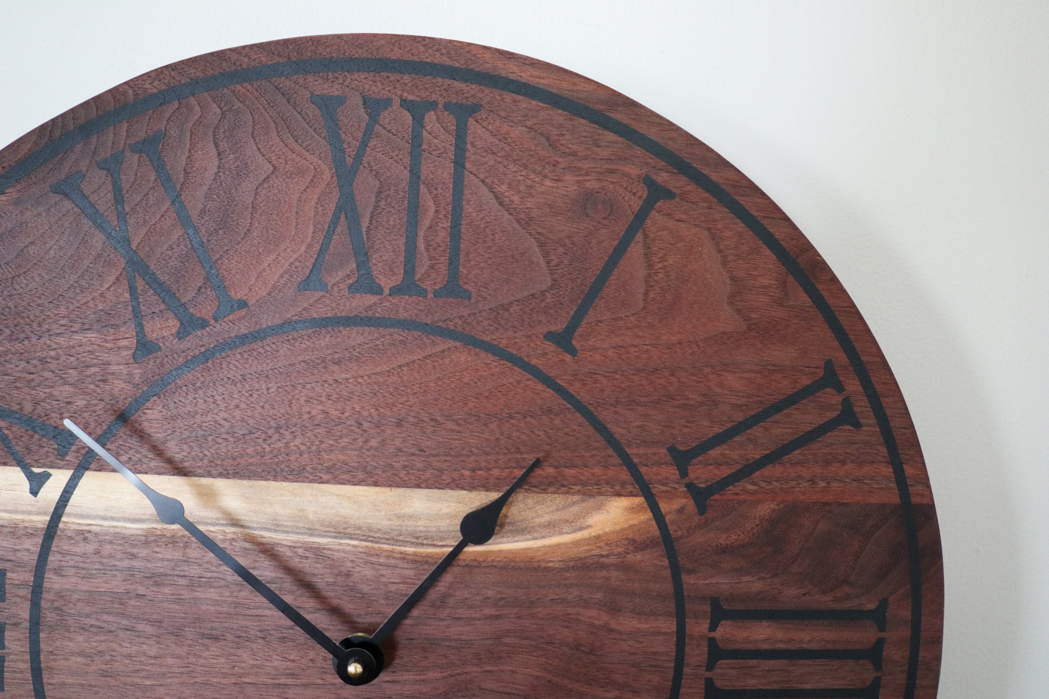 Solid Walnut Wall Clock - Black Lines and Roman Numerals