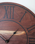 Solid Walnut Wall Clock - Black Lines and Roman Numerals