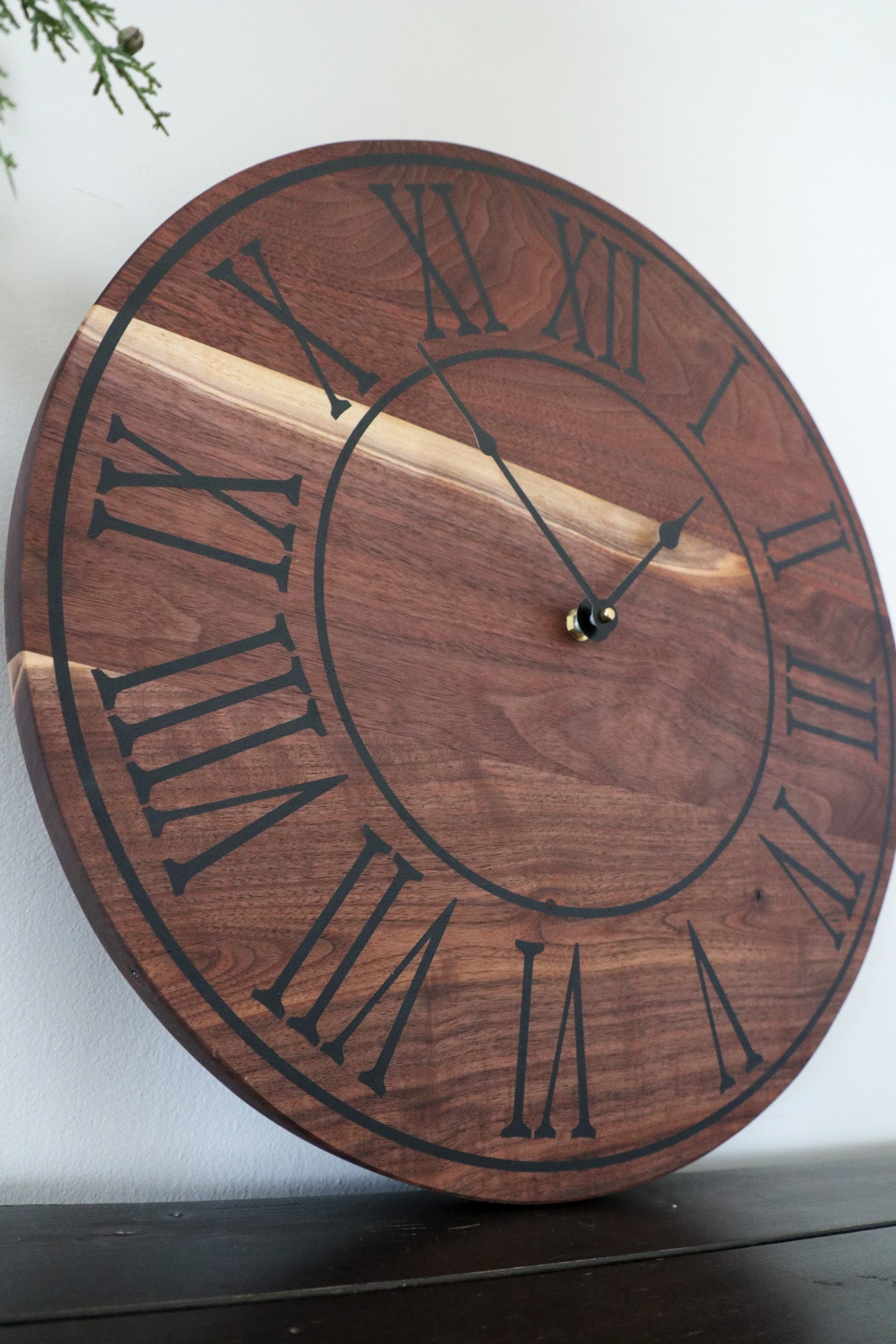 Solid Walnut Wall Clock - Black Lines and Roman Numerals