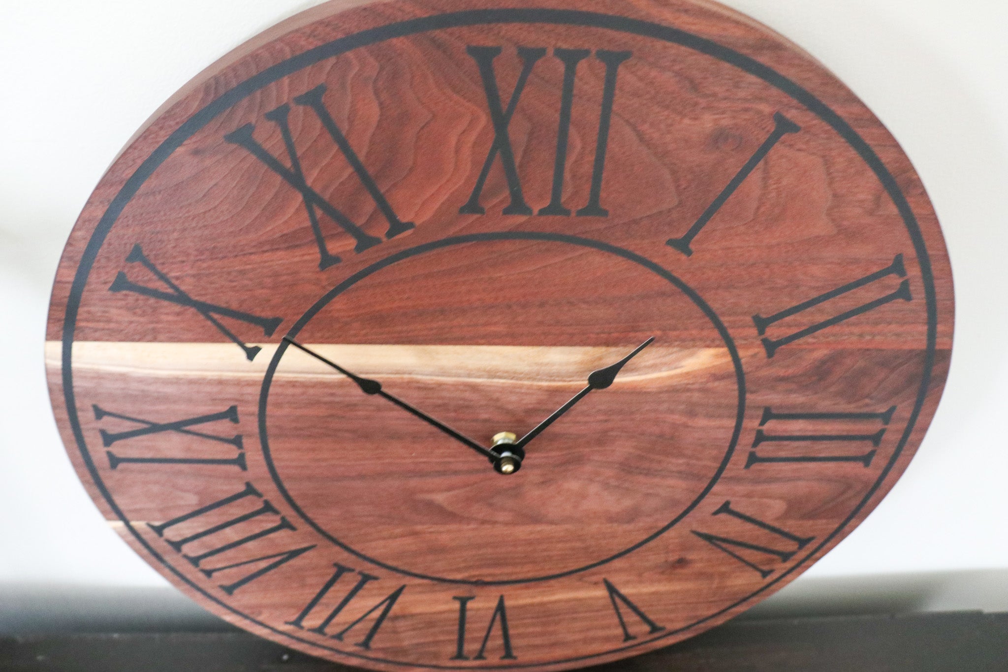 Solid Walnut Wall Clock - Black Lines and Roman Numerals