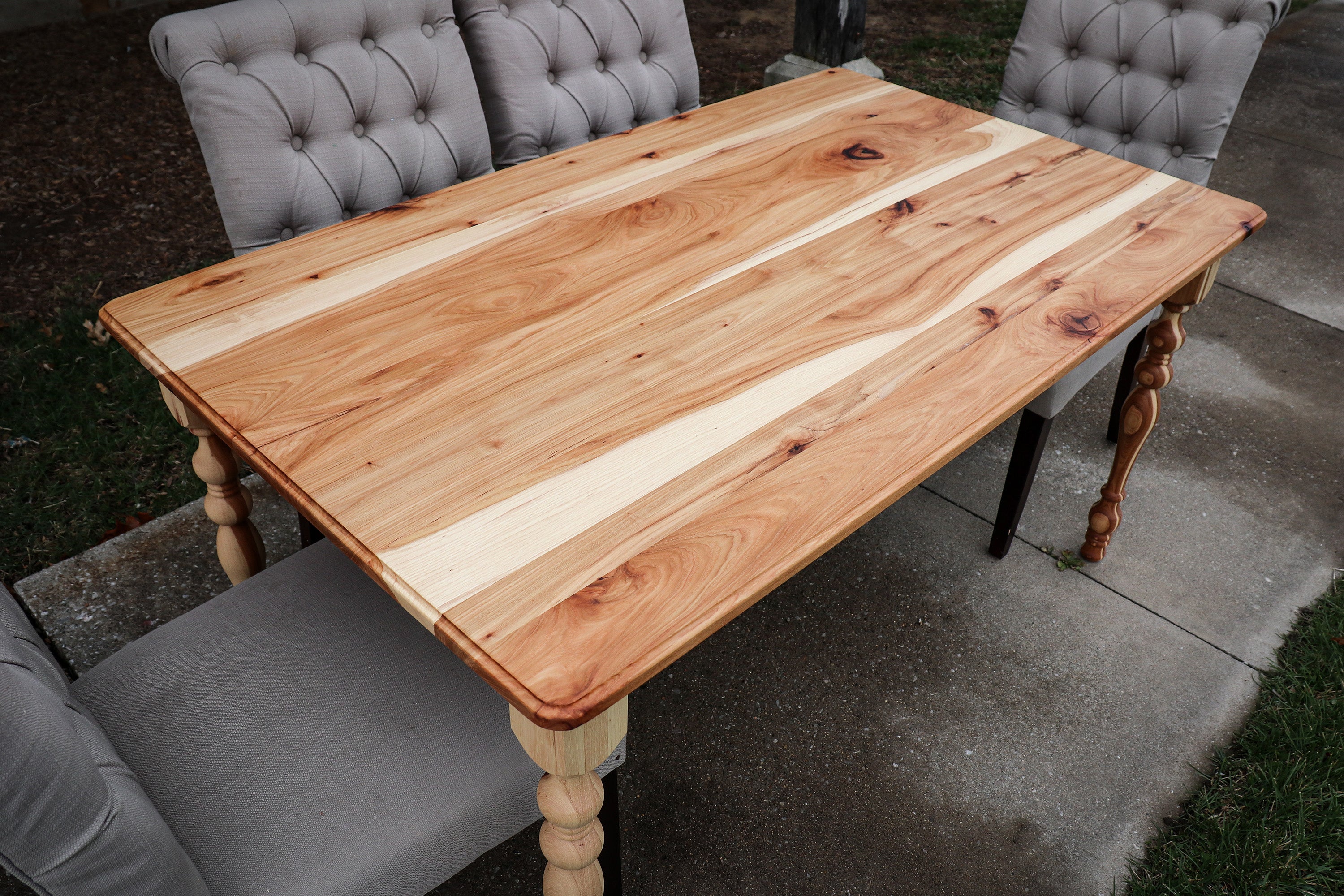 Narrow Hickory Farmhouse Dining Table with Turned Legs