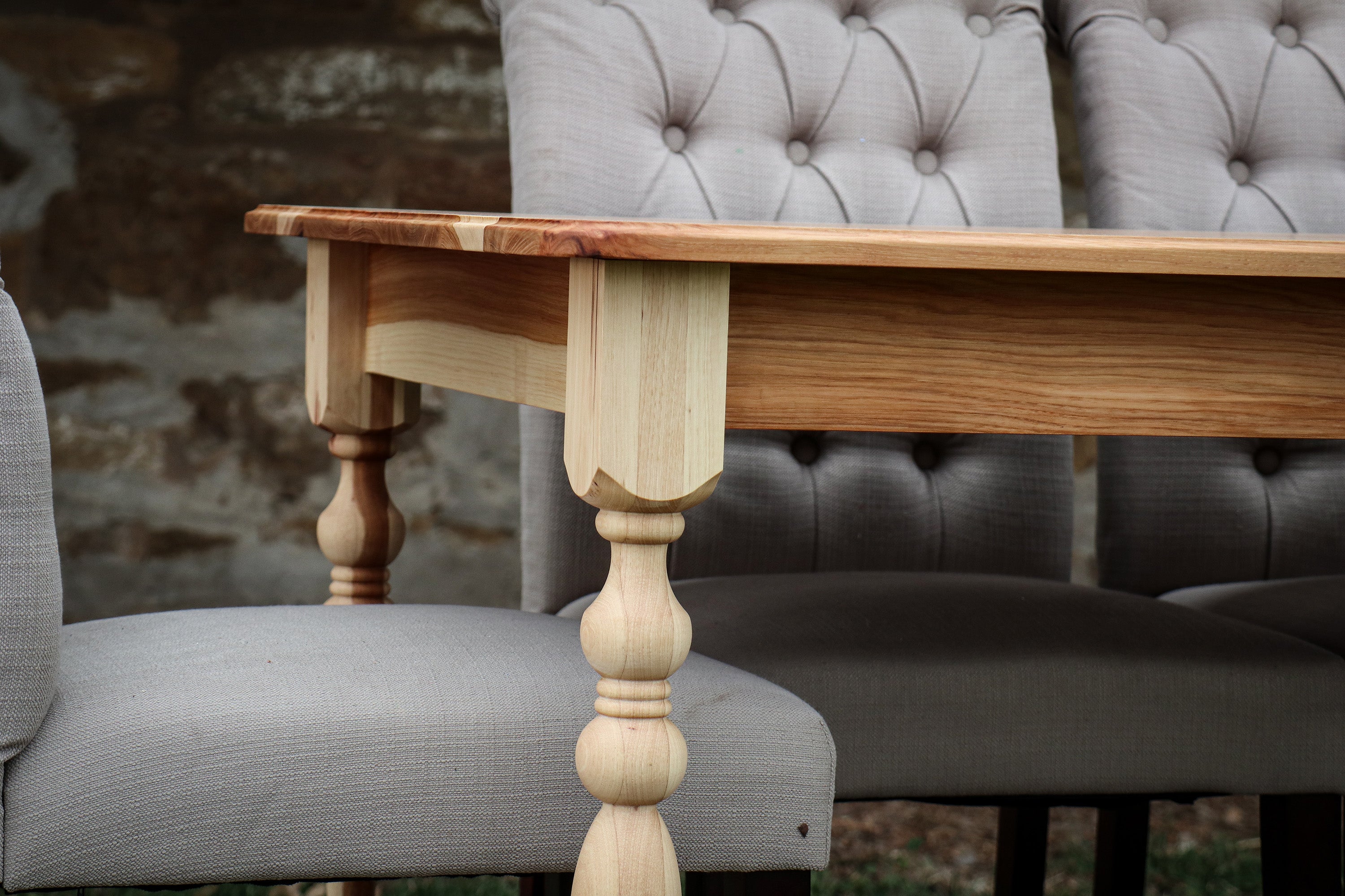 Narrow Hickory Farmhouse Dining Table with Turned Legs