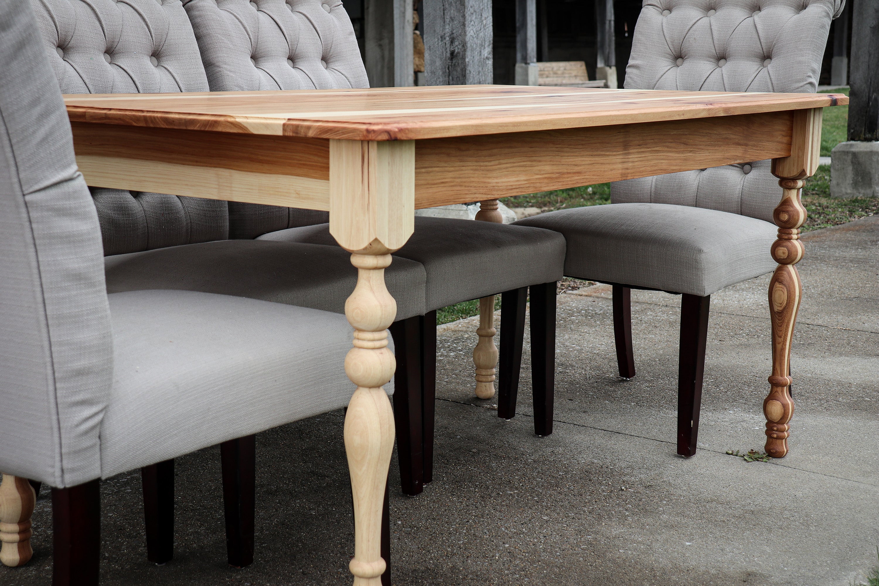 Narrow Hickory Farmhouse Dining Table with Turned Legs