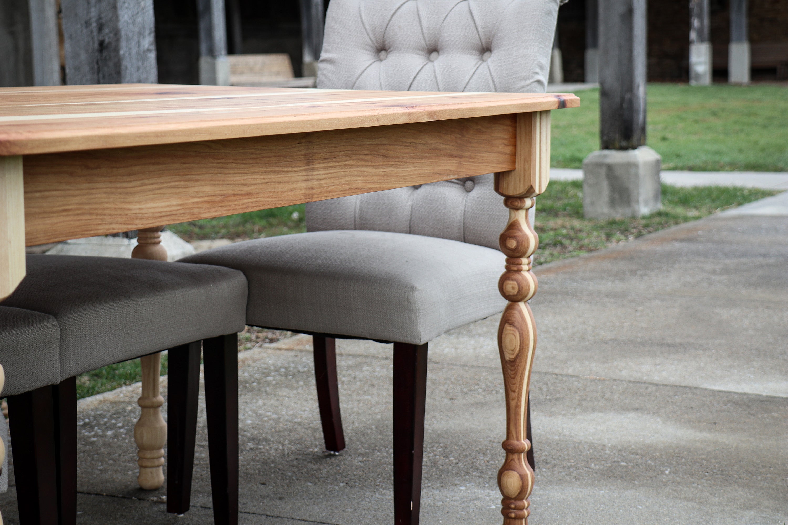 Narrow Hickory Farmhouse Dining Table with Turned Legs