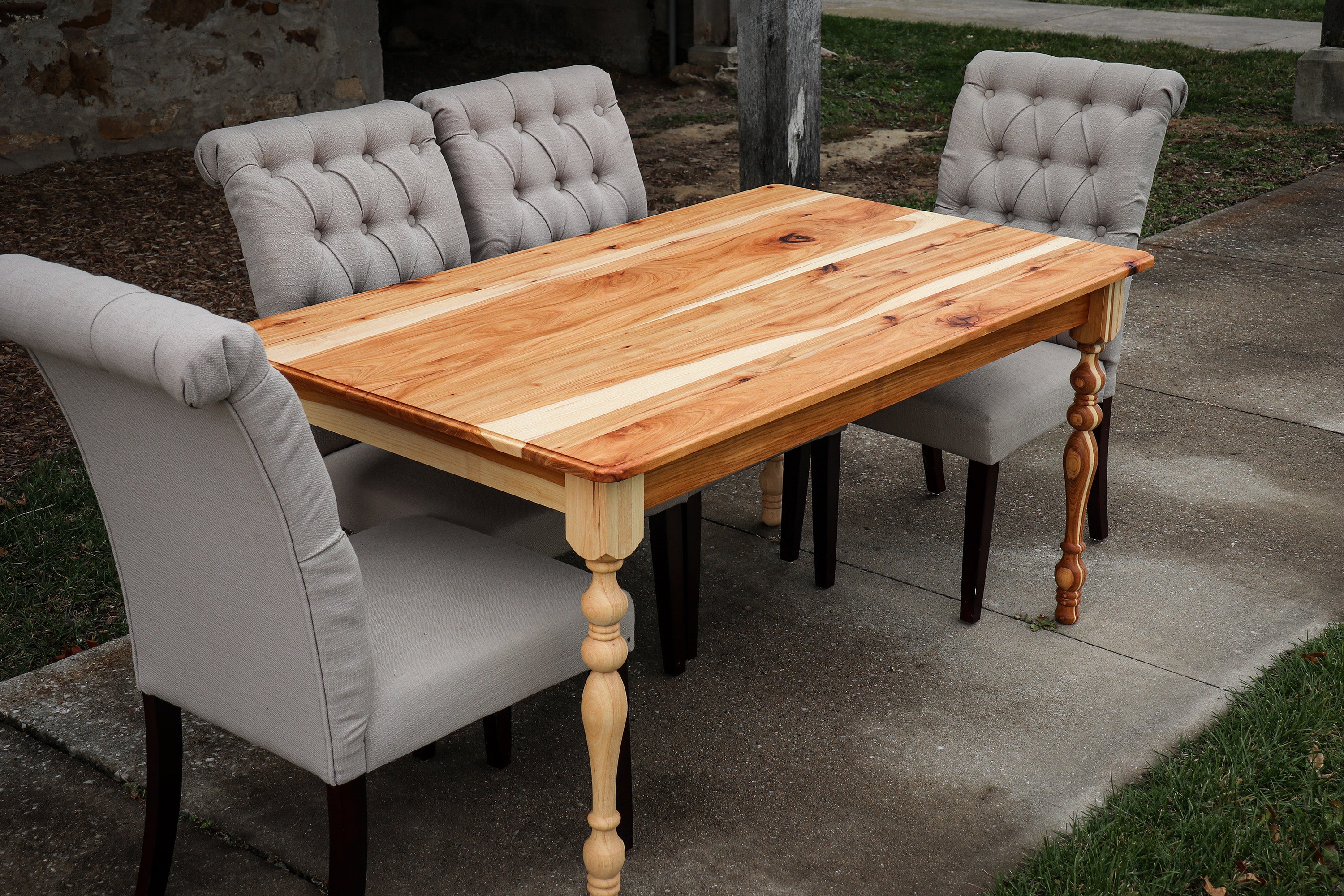 Narrow Hickory Farmhouse Dining Table with Turned Legs