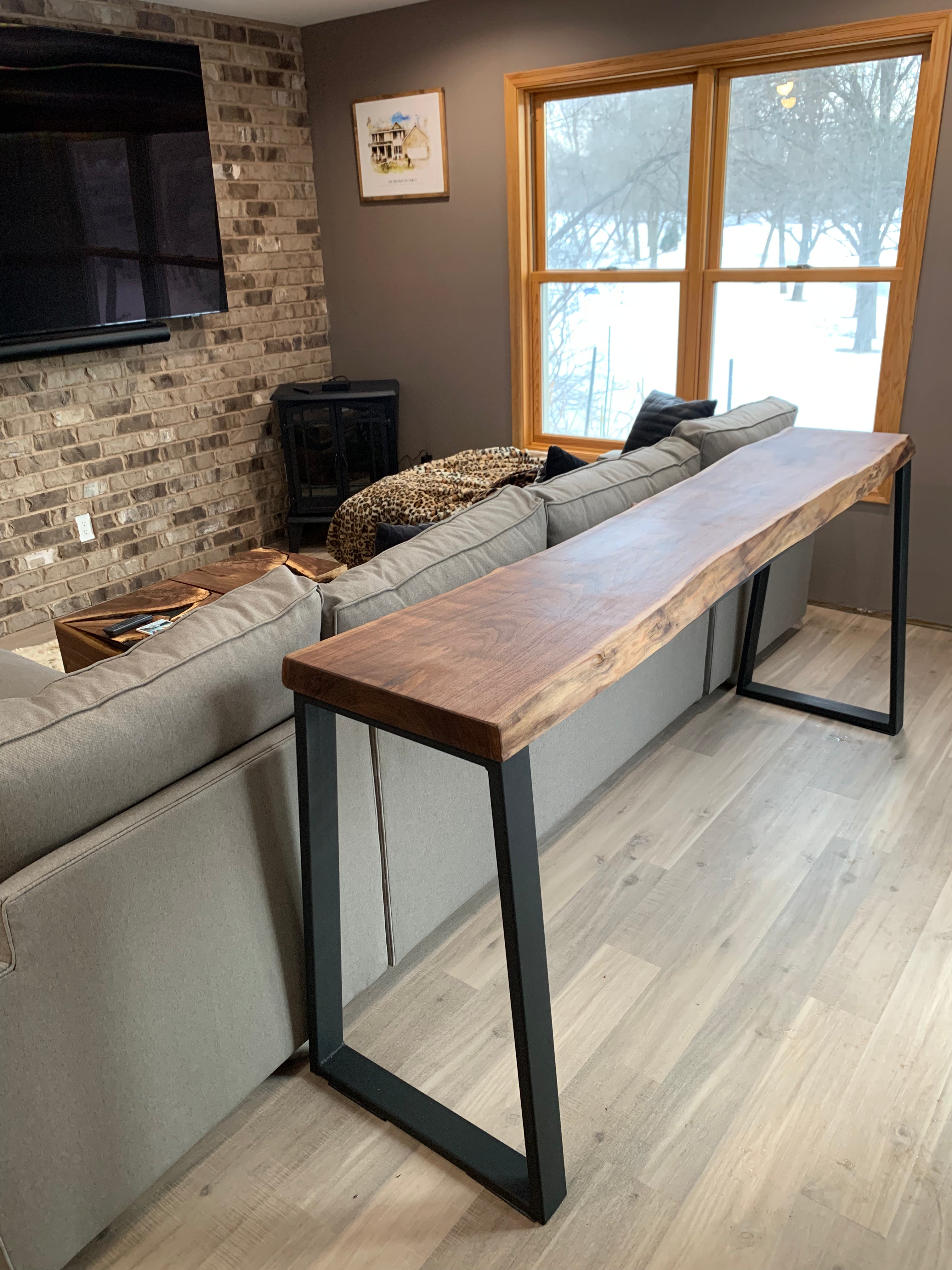 Narrow Live Edge Walnut Bar Table with Metal Base - Hazel Oak Farms