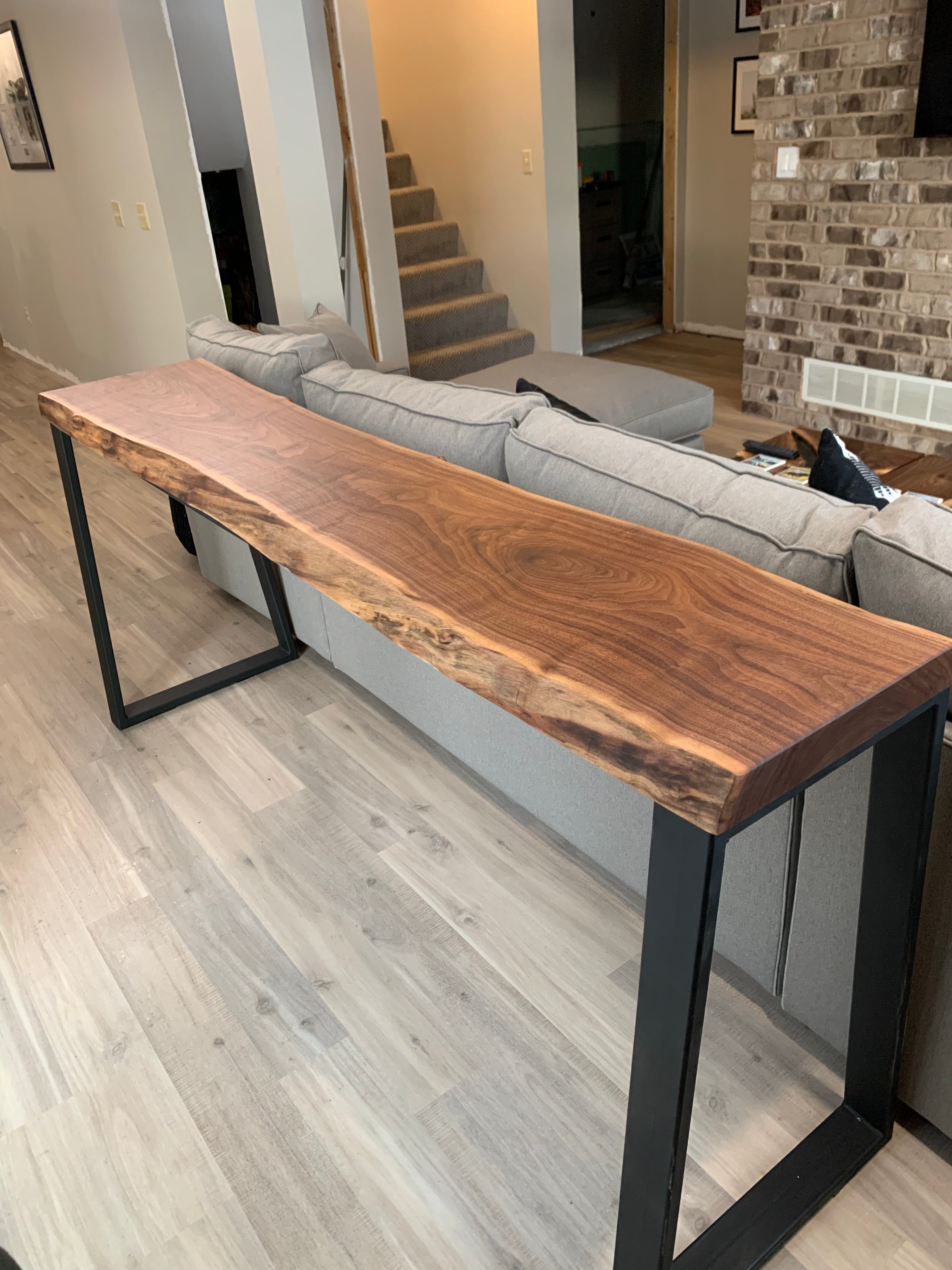 Narrow Live Edge Walnut Bar Table with Metal Base - Hazel Oak Farms