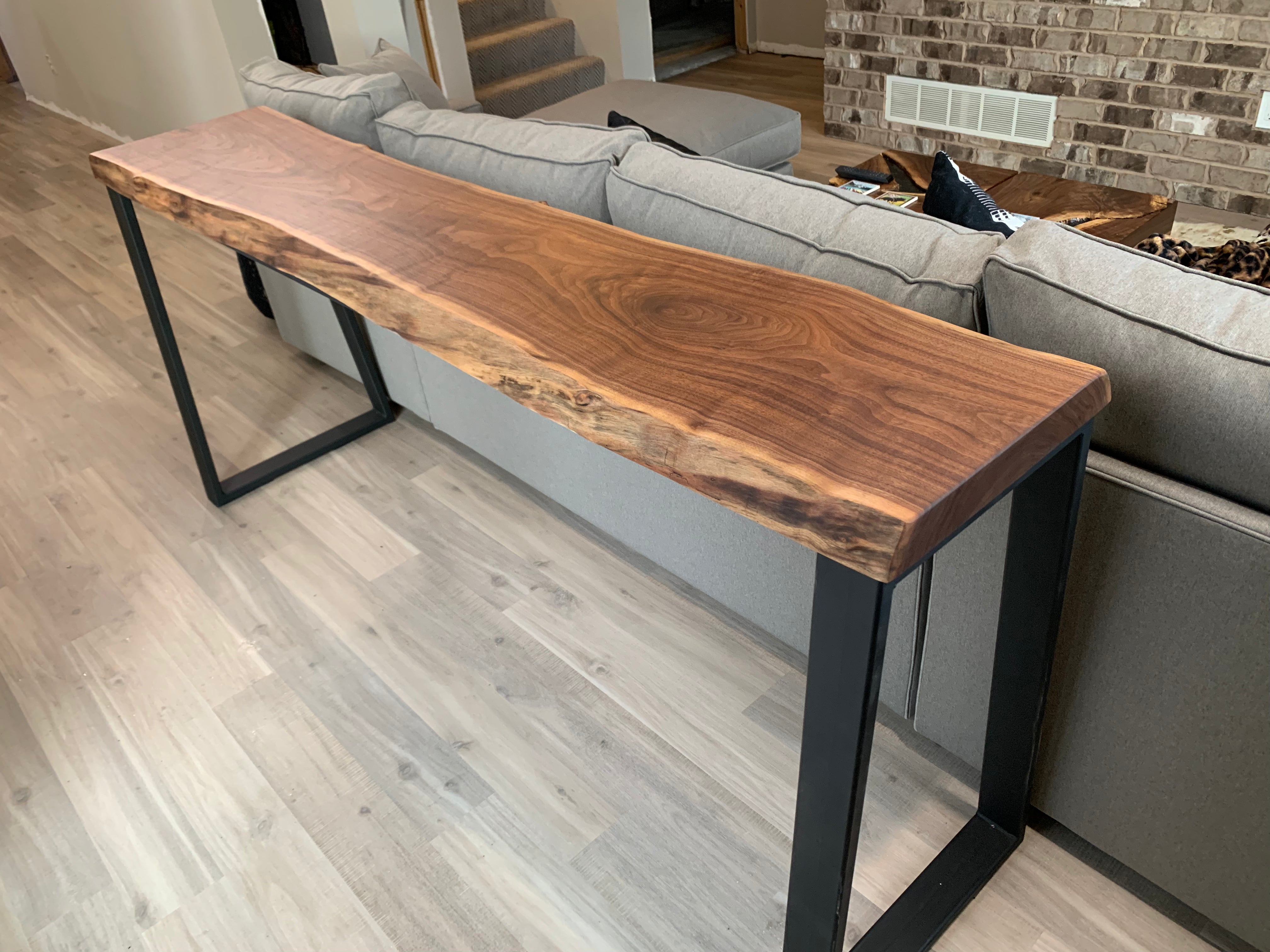 Narrow Live Edge Walnut Bar Table with Metal Base - Hazel Oak Farms