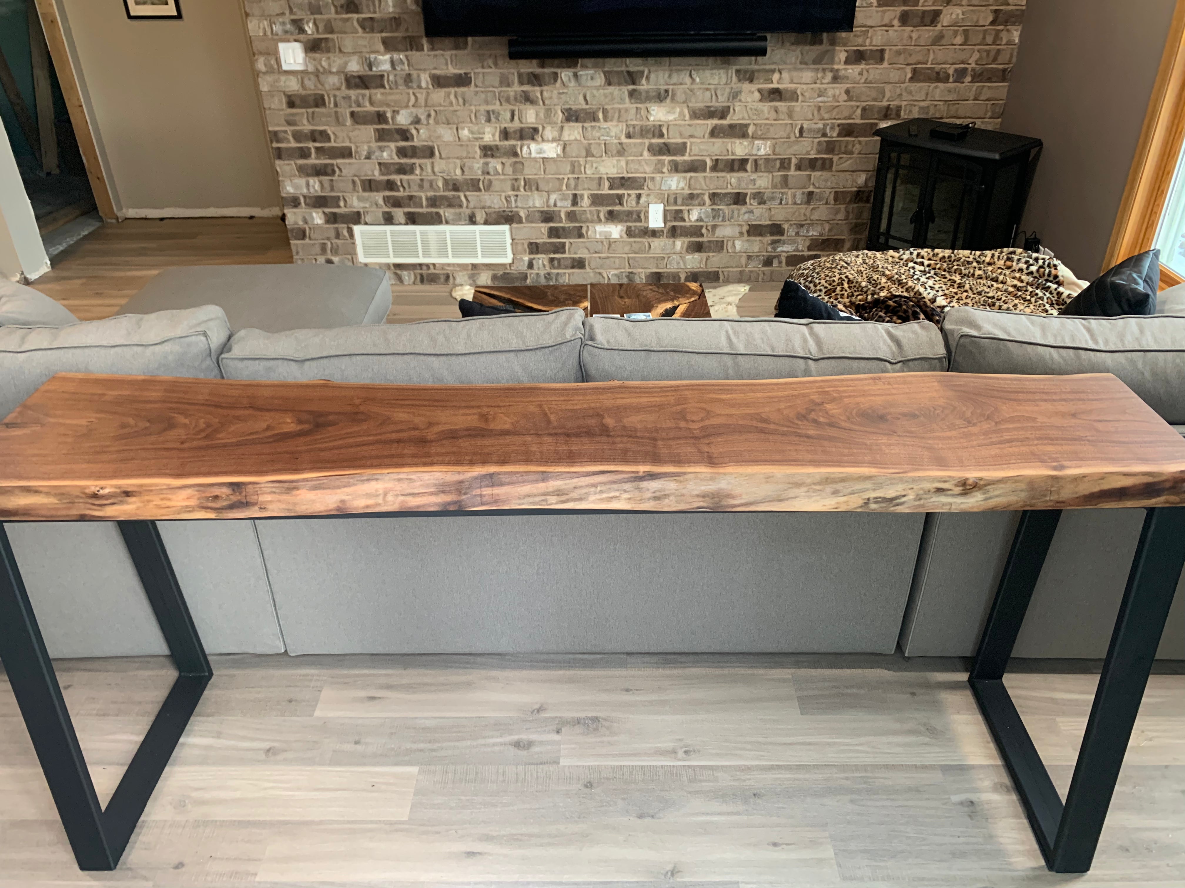 Narrow Live Edge Walnut Bar Table with Metal Base - Hazel Oak Farms